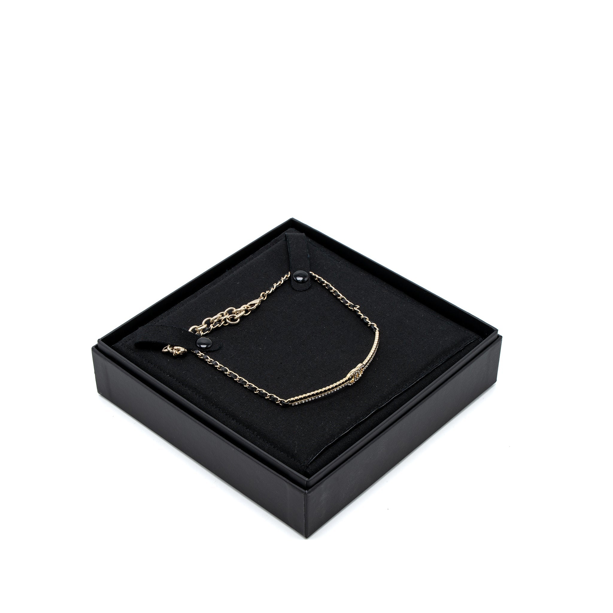 CHANEL CC LOGO CHOCKER LEATHER CHAIN CRYSTAL LIGHT GOLD TONE