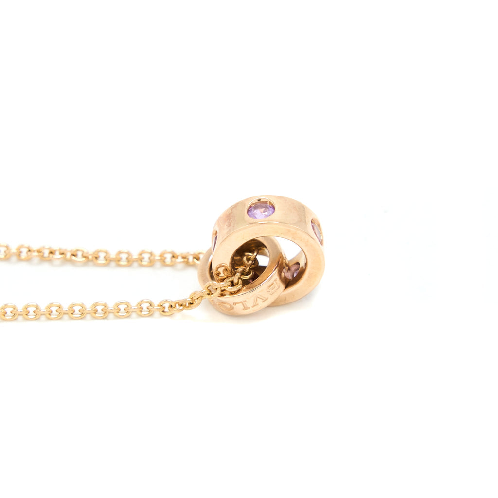 BVLGARI NECKLACE INNER LOCKING RING PENDANT ROSE GOLD PINK DIAMONDS