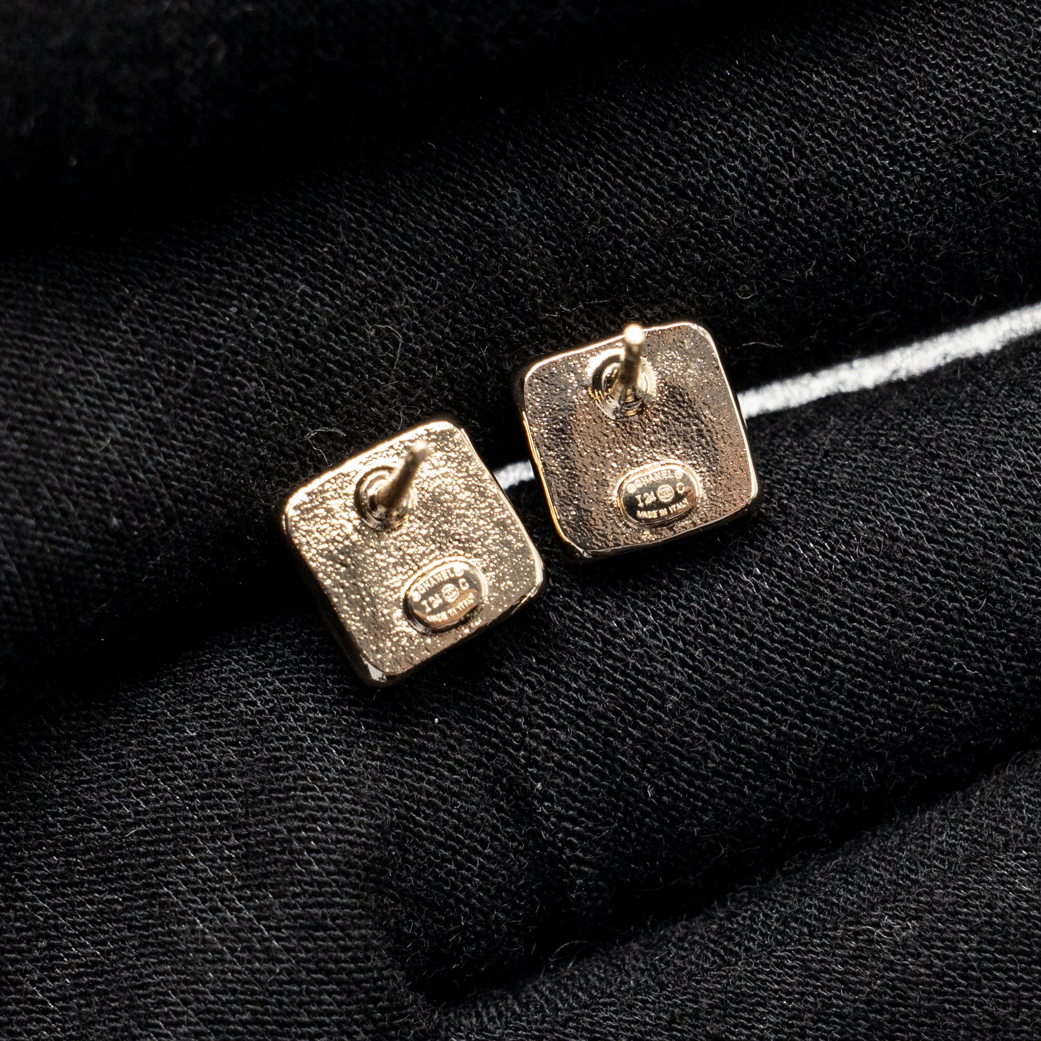 CHANEL MINI SQUARE CRYSTAL CC LOGO EARRINGS GOLD TONE
