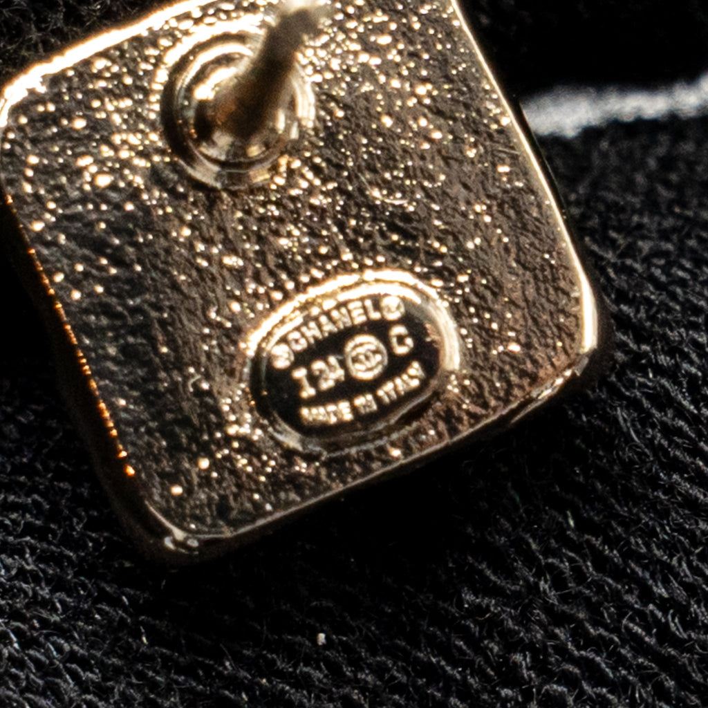 CHANEL MINI SQUARE CRYSTAL CC LOGO EARRINGS GOLD TONE