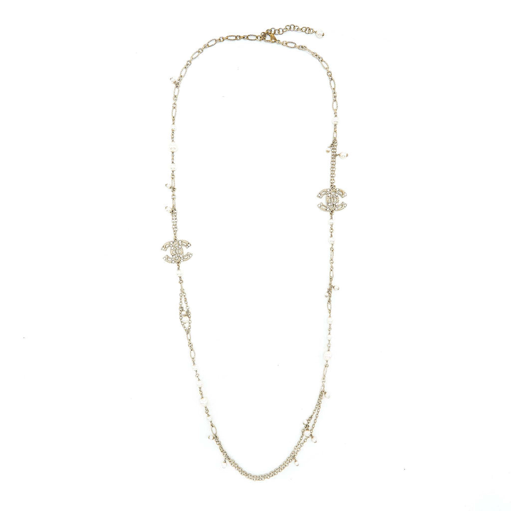 CHANEL MINI PEARL CC LOGO LONG NECKLACE LIGHT GOLD TONE