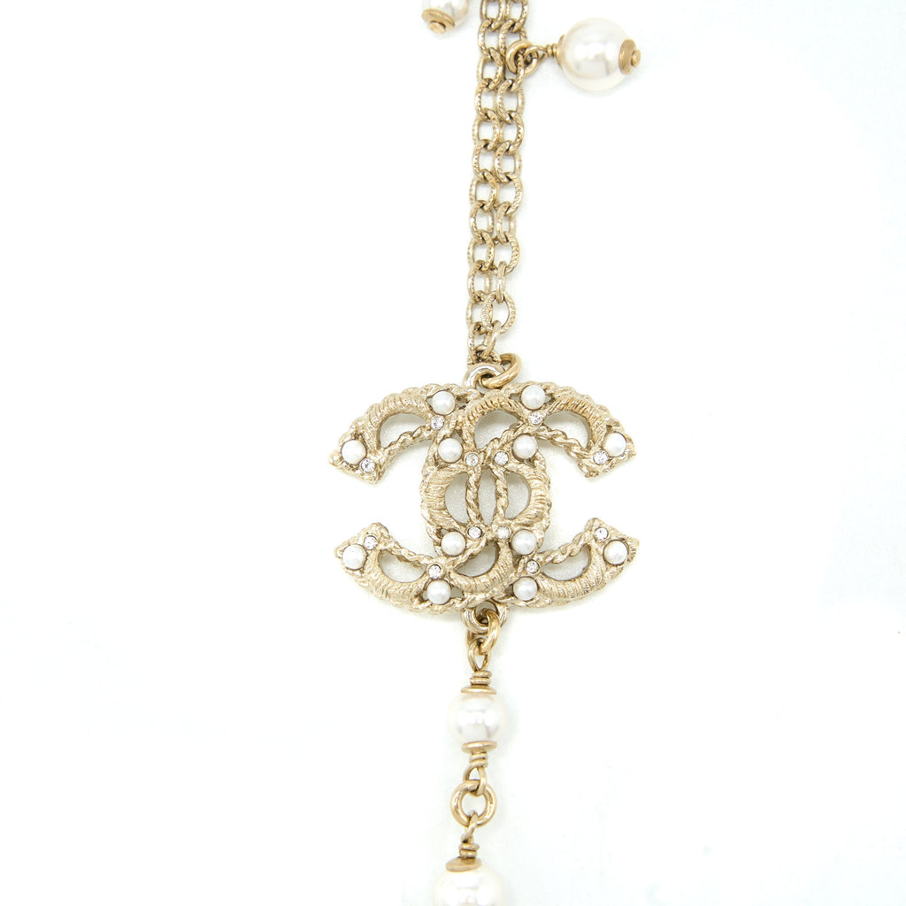 CHANEL MINI PEARL CC LOGO LONG NECKLACE LIGHT GOLD TONE