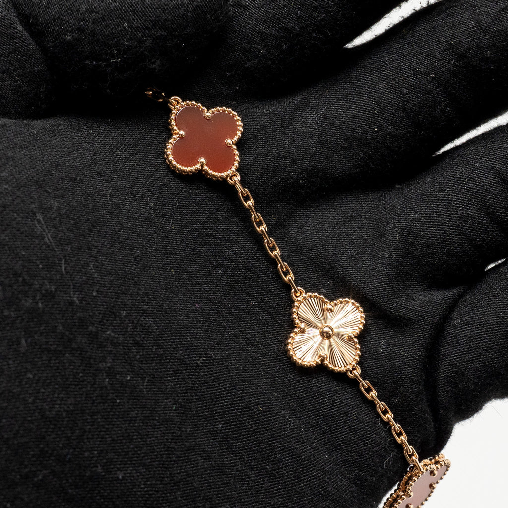 VAN CLEEF VINTAGE ALHAMBRA BRACELET 5 MOTIF ROSE GOLD, CARNELIAN