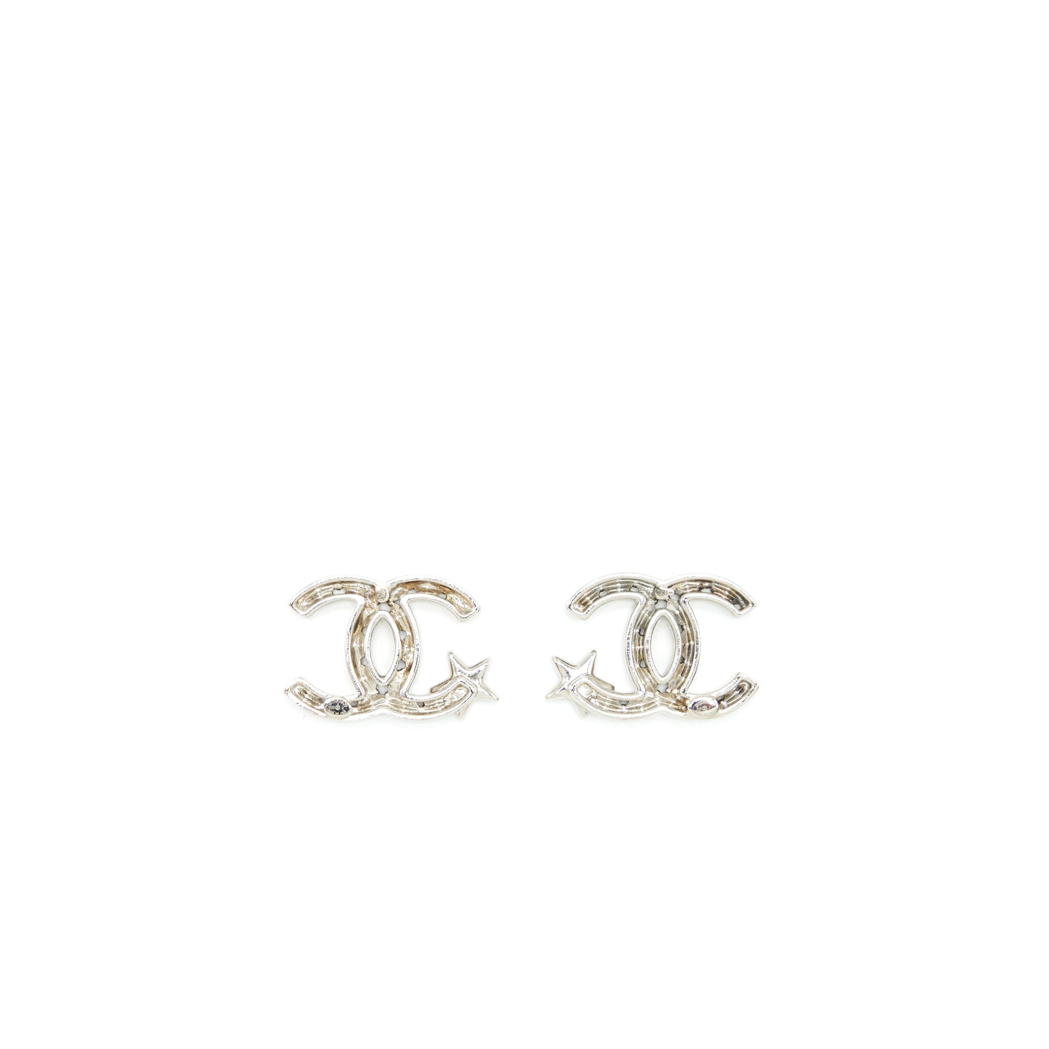 CHANEL CC AND STAR EARRINGS SILVER TONE