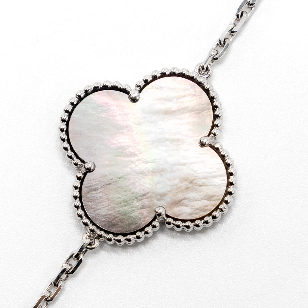 VAN CLEEF & ARPELS MAGIC ALHAMBRA 16-MOTIF LONG NECKLACE WHITE GOLD/ WHITE AND GREY MOTHER OF PEARL/ CHALCEDONY