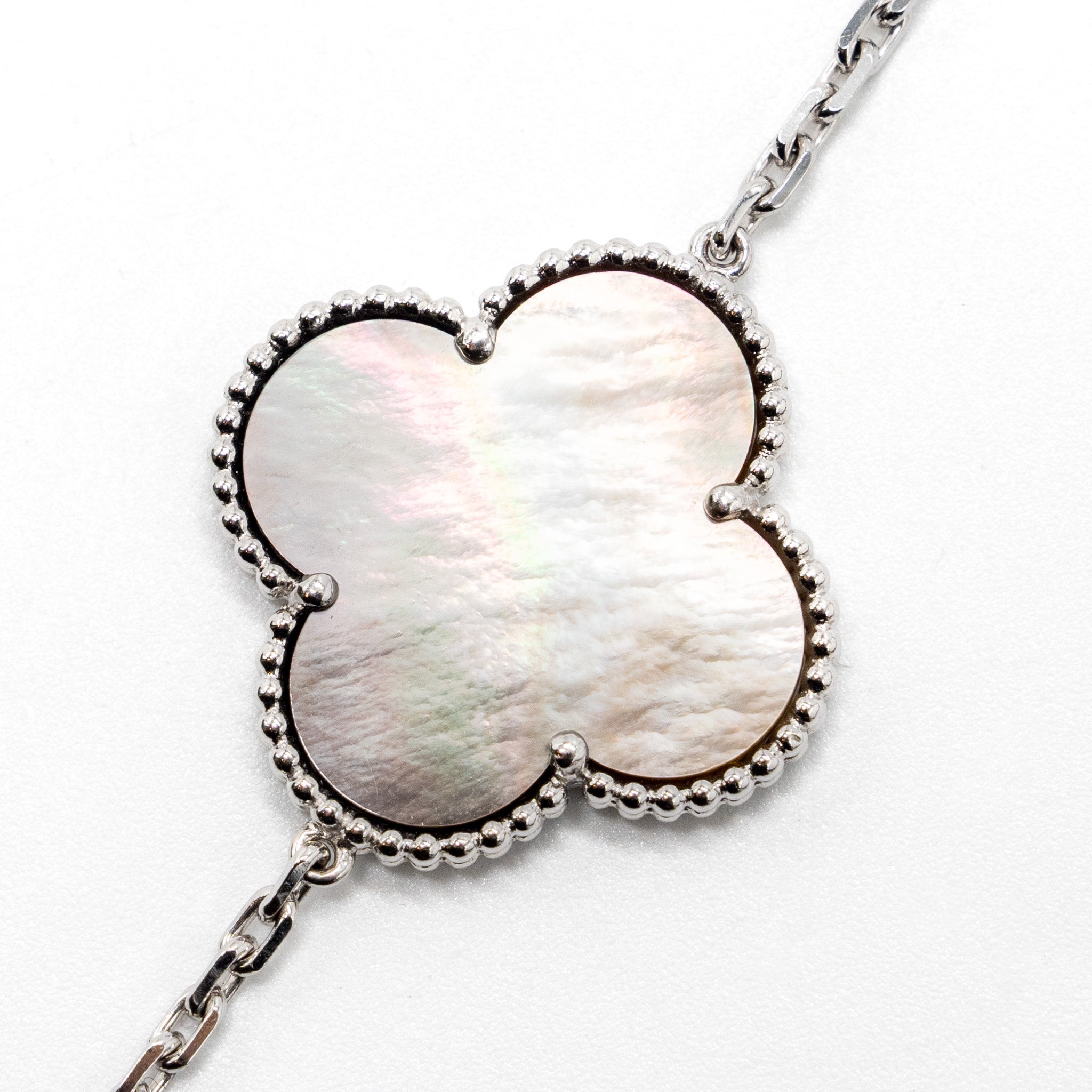 VAN CLEEF & ARPELS MAGIC ALHAMBRA 16-MOTIF LONG NECKLACE WHITE GOLD/ WHITE AND GREY MOTHER OF PEARL/ CHALCEDONY