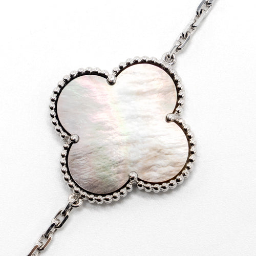 VAN CLEEF & ARPELS MAGIC ALHAMBRA 16-MOTIF LONG NECKLACE WHITE GOLD/ WHITE AND GREY MOTHER OF PEARL/ CHALCEDONY
