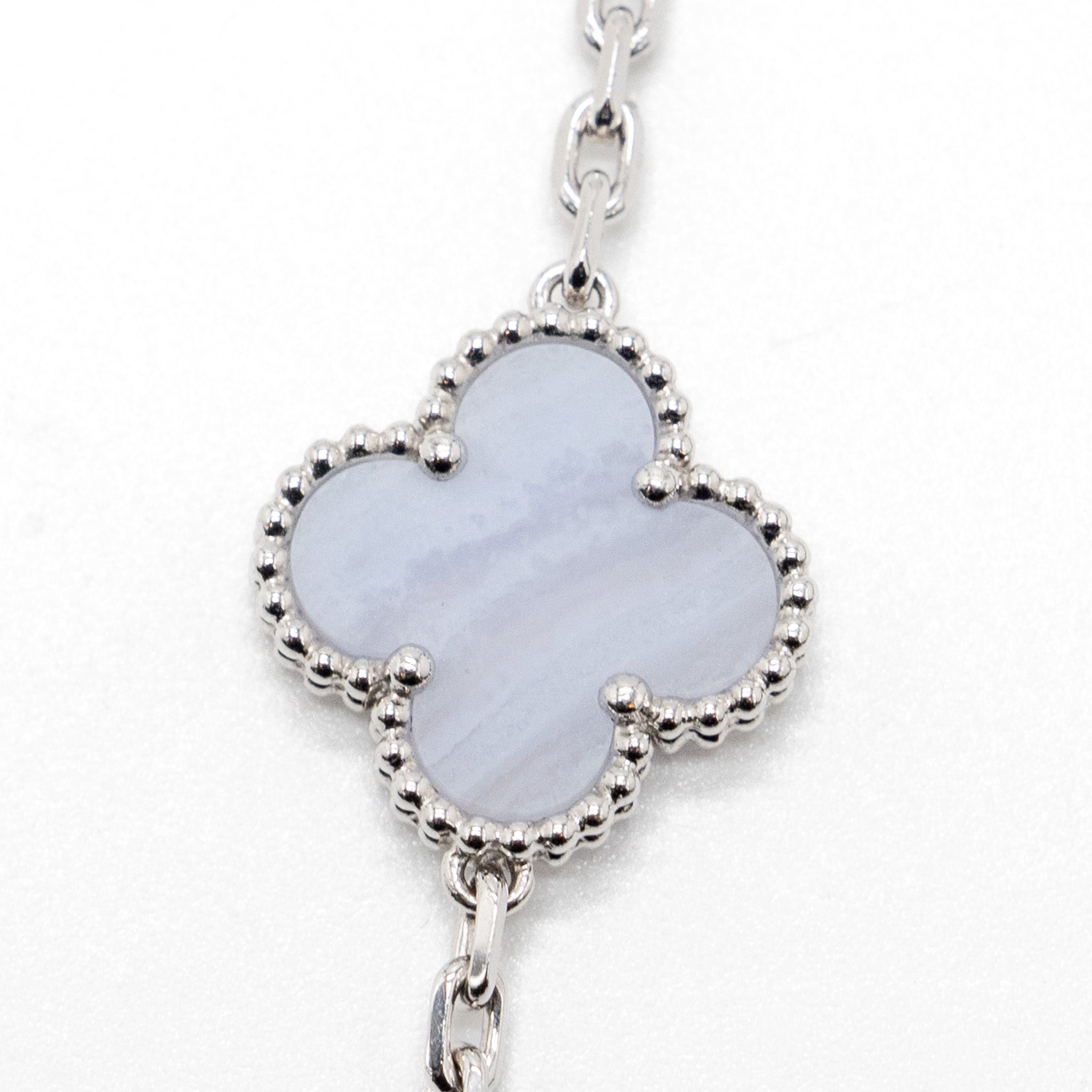 VAN CLEEF & ARPELS MAGIC ALHAMBRA 16-MOTIF LONG NECKLACE WHITE GOLD/ WHITE AND GREY MOTHER OF PEARL/ CHALCEDONY