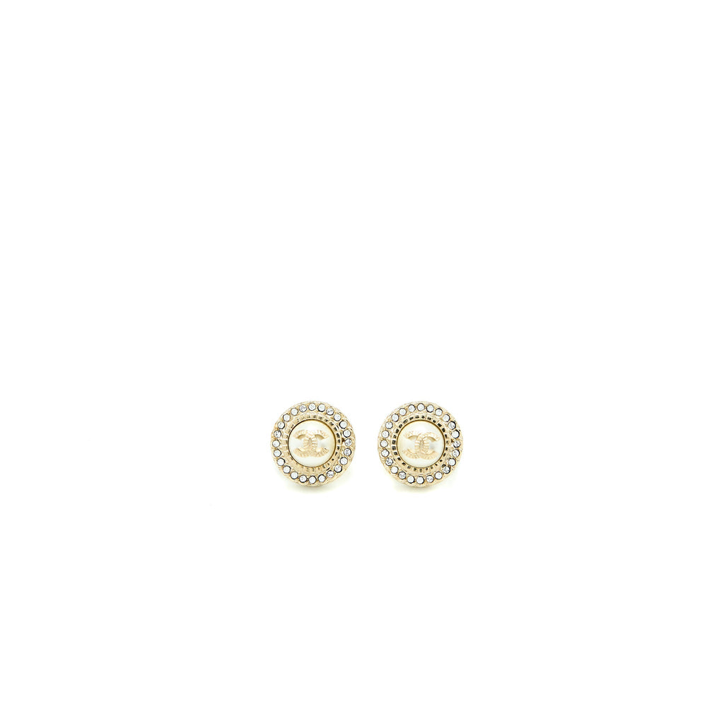 CHANEL ROUND CC PEARL WITH CRYSTAL EARRINGS LIGHT GOLD TONE