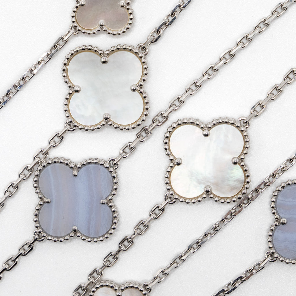 VAN CLEEF & ARPELS MAGIC ALHAMBRA 16-MOTIF LONG NECKLACE WHITE GOLD/ WHITE AND GREY MOTHER OF PEARL/ CHALCEDONY