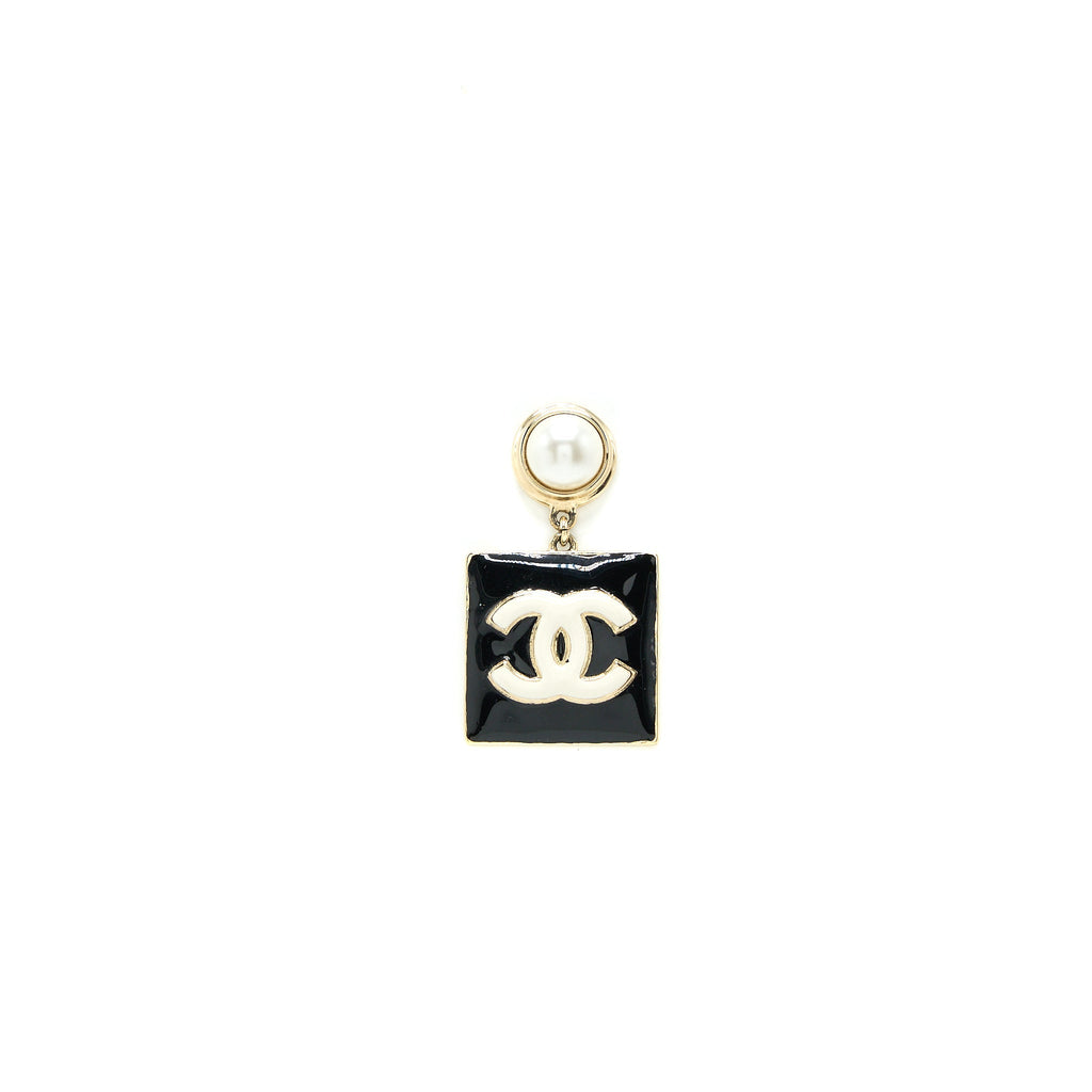 CHANEL PEARL CC SQUARE DROP EARRINGS BLACK LIGHT GOLD TONE