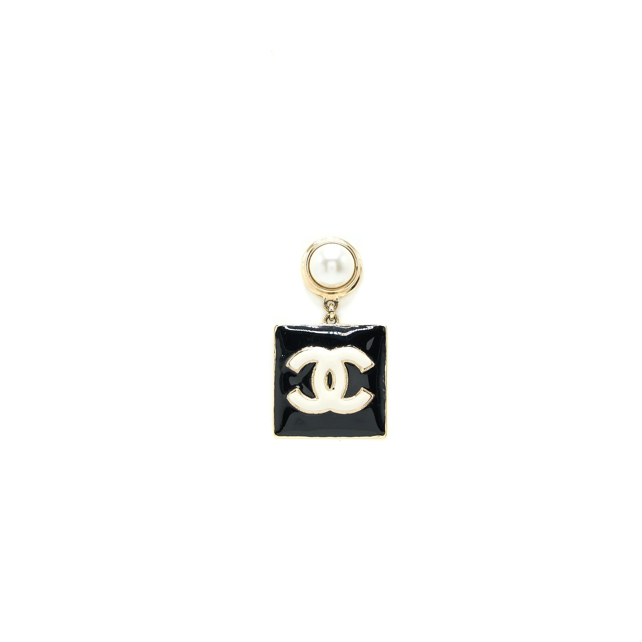 CHANEL PEARL CC SQUARE DROP EARRINGS BLACK LIGHT GOLD TONE