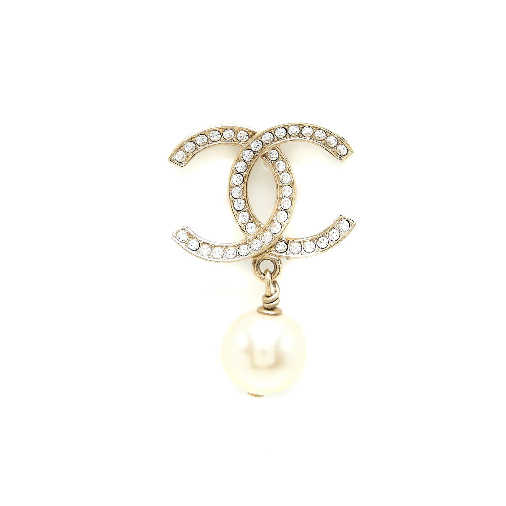 CHANEL CC LOGO AND PEARL DROP EARRINGS LIGHT GOLD TONE