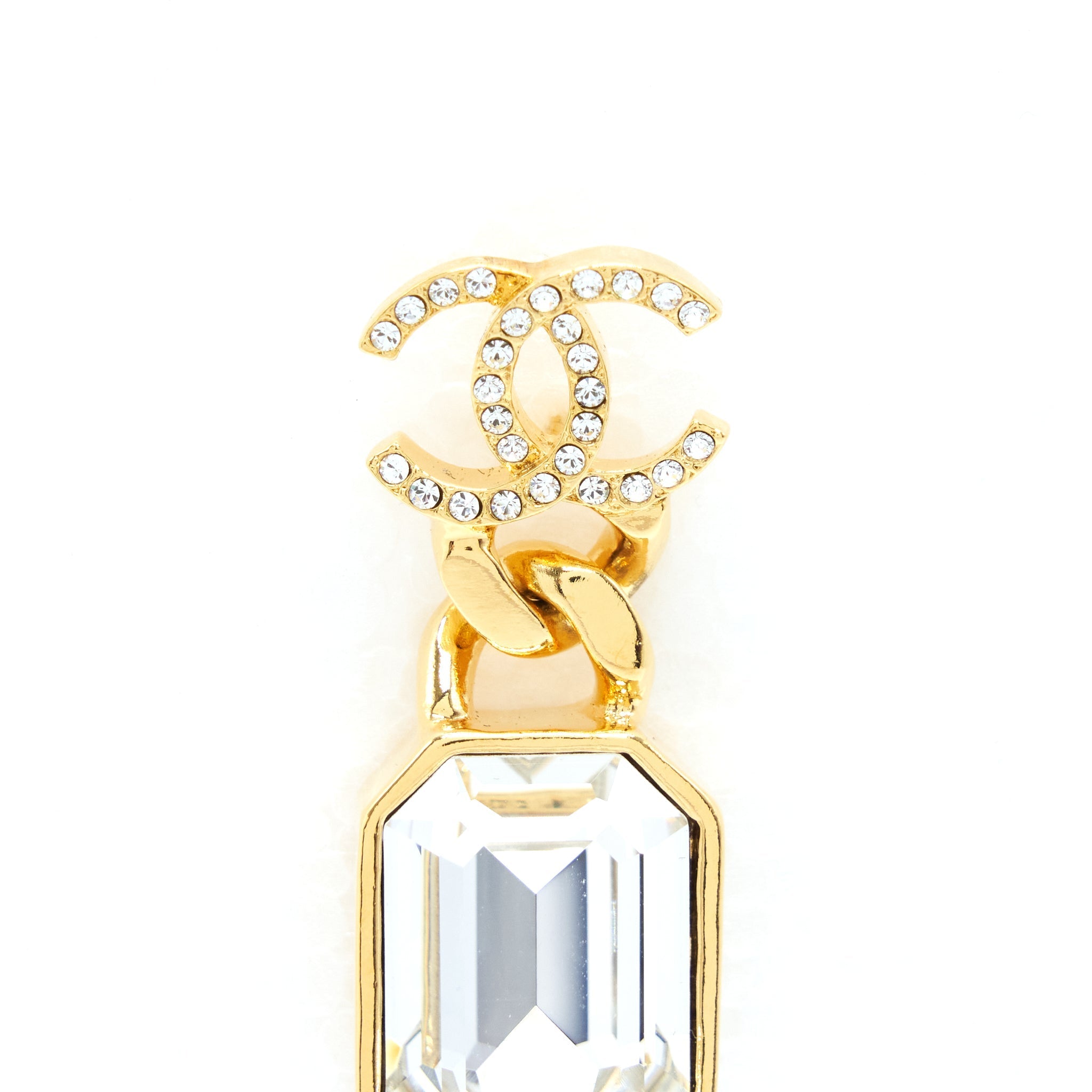 CHANEL CC LOGO AND CRYSTAL DROP EARRING GOLD TONE