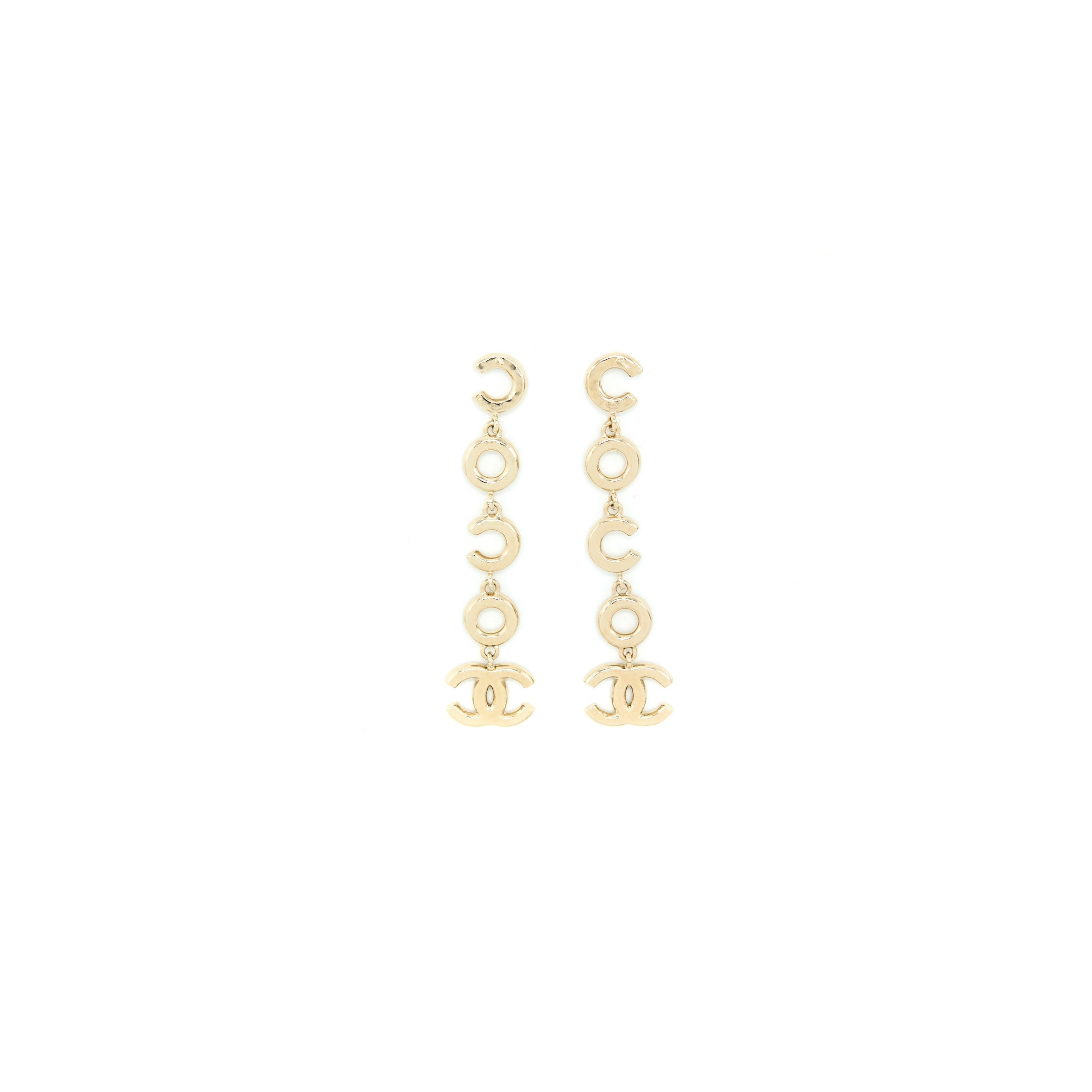 CHANEL COCO LETTER DROP EARRINGS LIGHT GOLD TONE