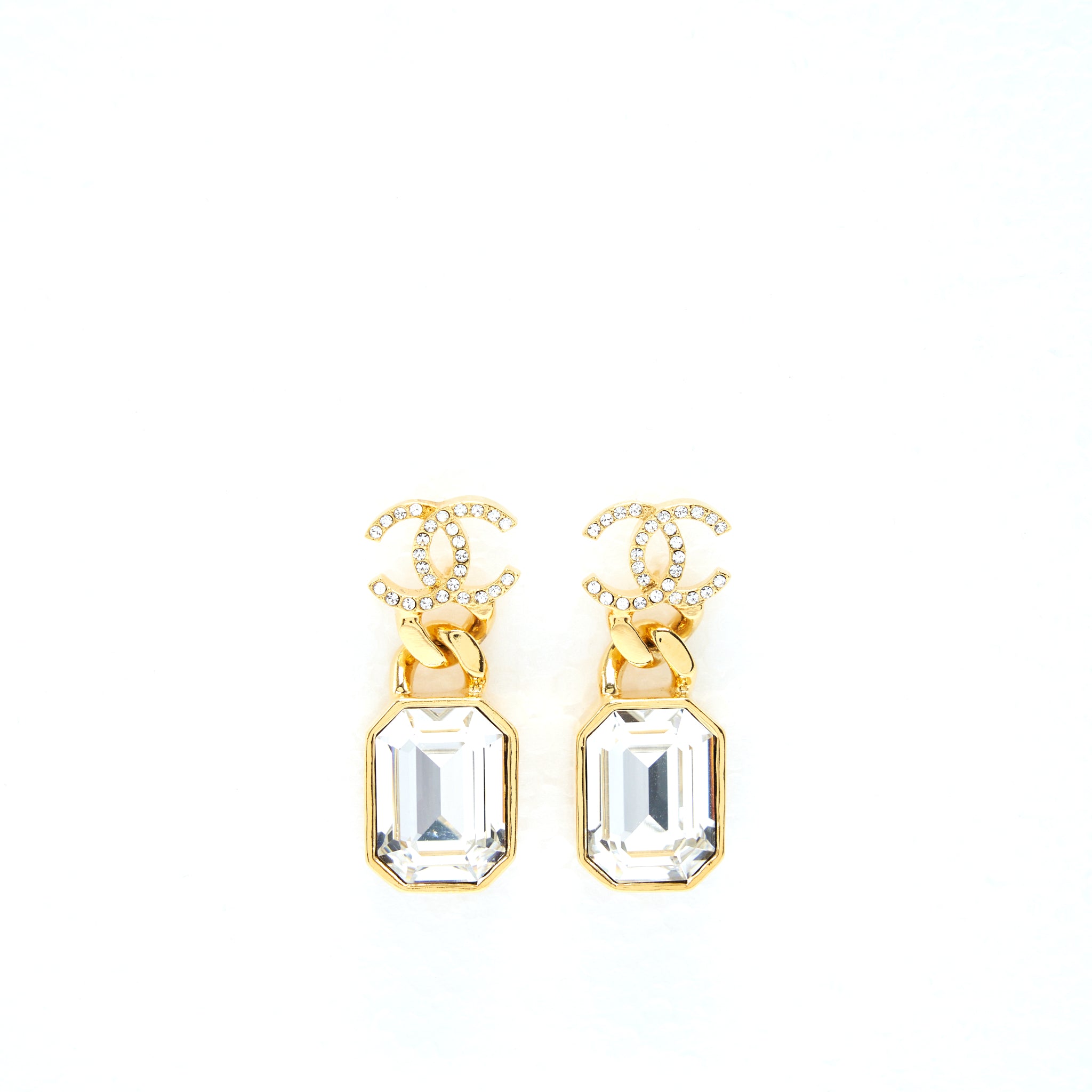 CHANEL CC LOGO AND CRYSTAL DROP EARRING GOLD TONE