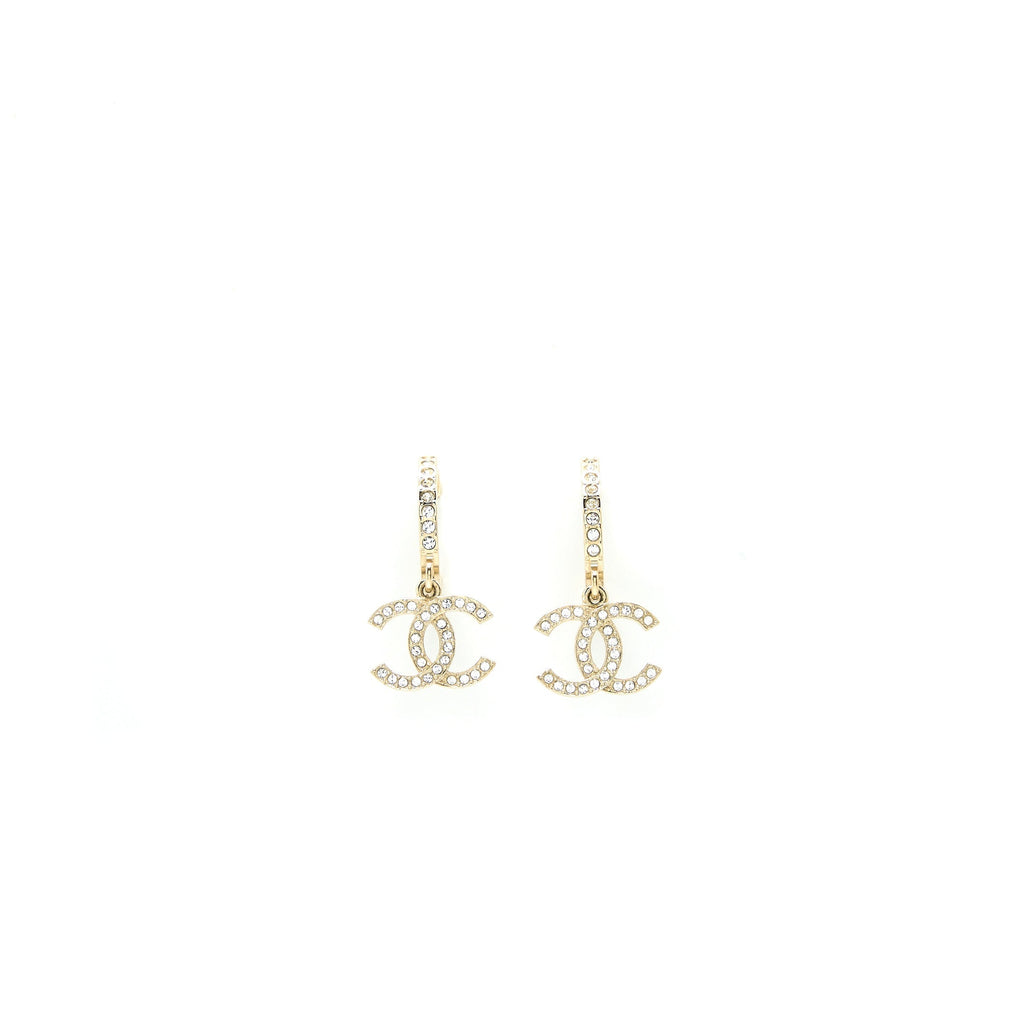 CHANEL CC LOGO ROUND EARRING CRYSTAL LIGHT GOLD TONE