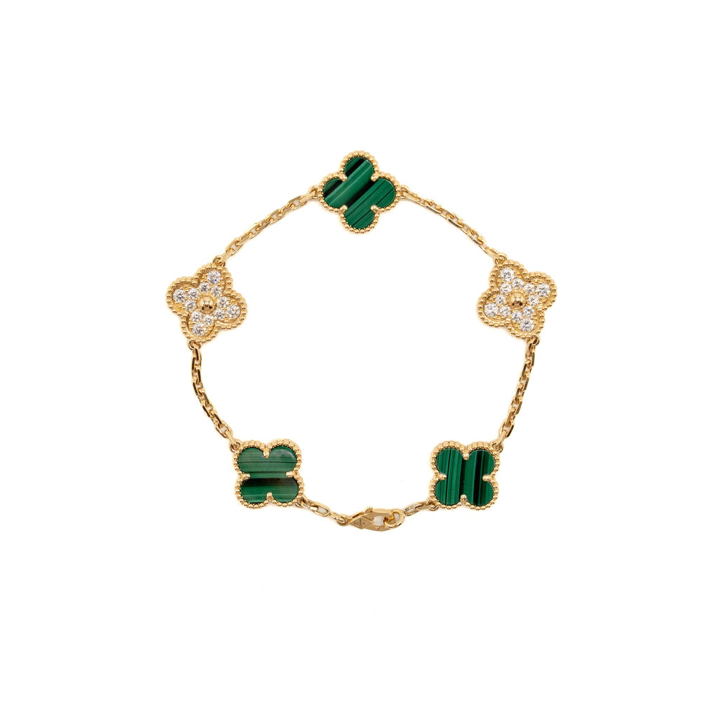VAN CLEEF & ARPELS VINTAGE ALHAMBRA BRACELET YELLOW GOLD, DIAMONDS, MALACHITE