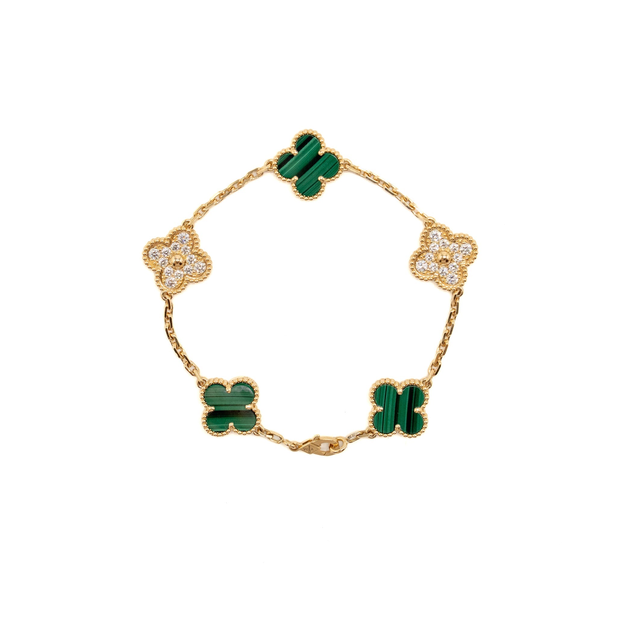 VAN CLEEF & ARPELS VINTAGE ALHAMBRA BRACELET YELLOW GOLD, DIAMONDS, MALACHITE