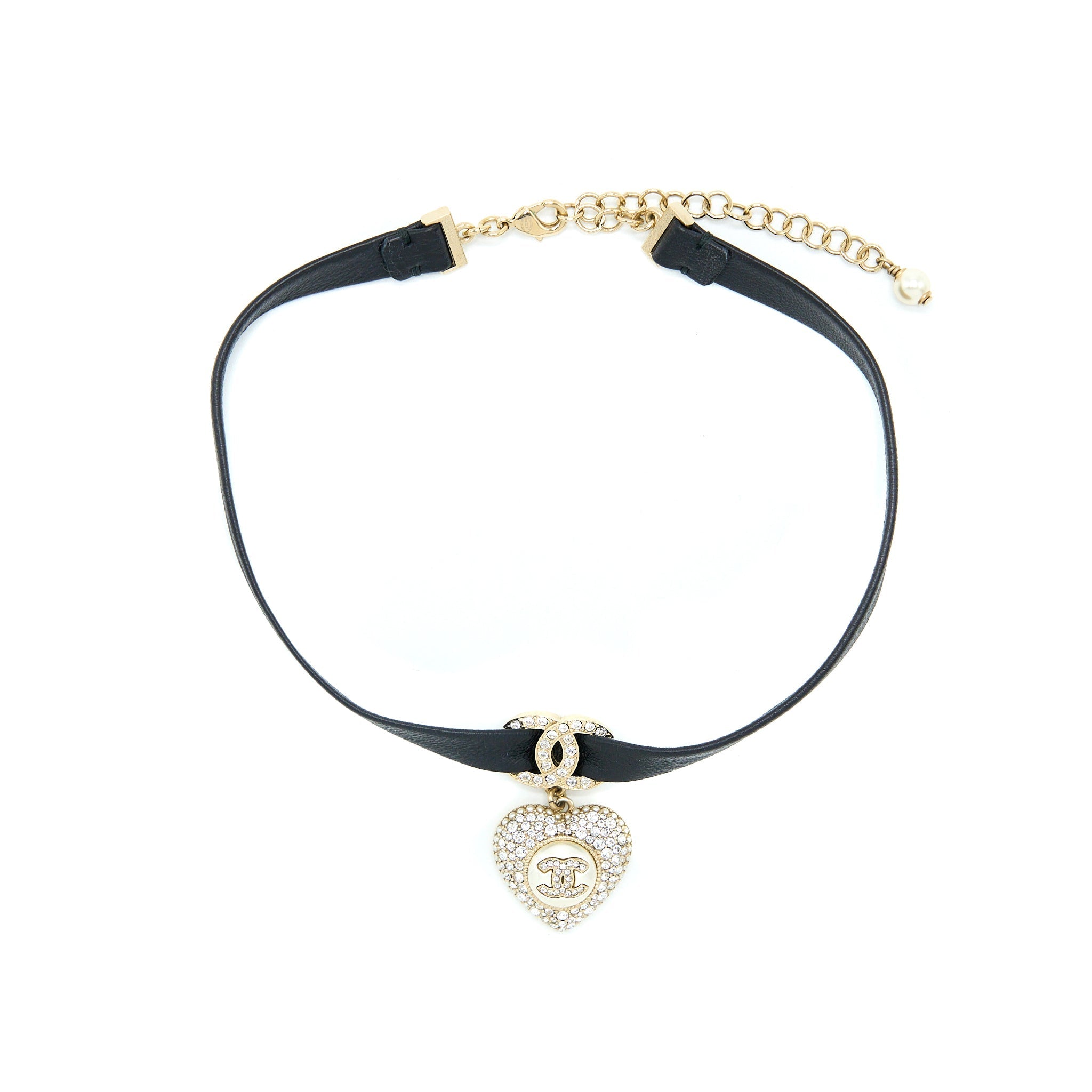 CHANEL CRYSTAL CC LOGO HEART CHOCKER LEATHER/PEARL/CRYSTAL BLACK LIGHT GOLD TONE