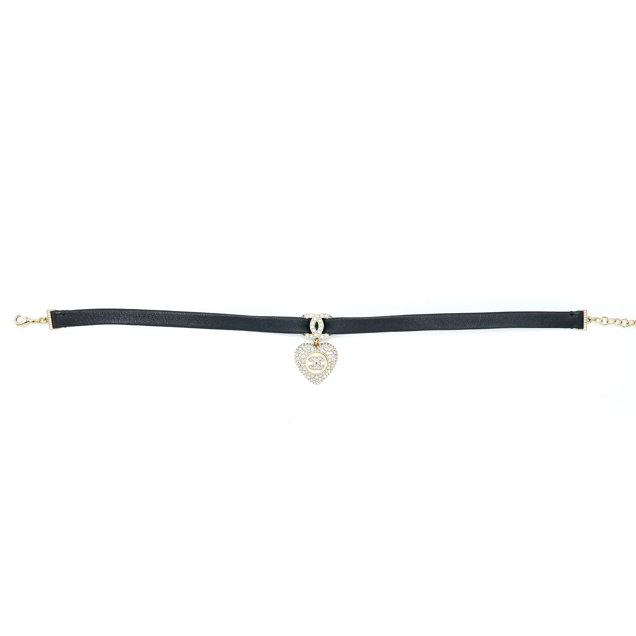 CHANEL CRYSTAL CC LOGO HEART CHOCKER LEATHER/PEARL/CRYSTAL BLACK LIGHT GOLD TONE