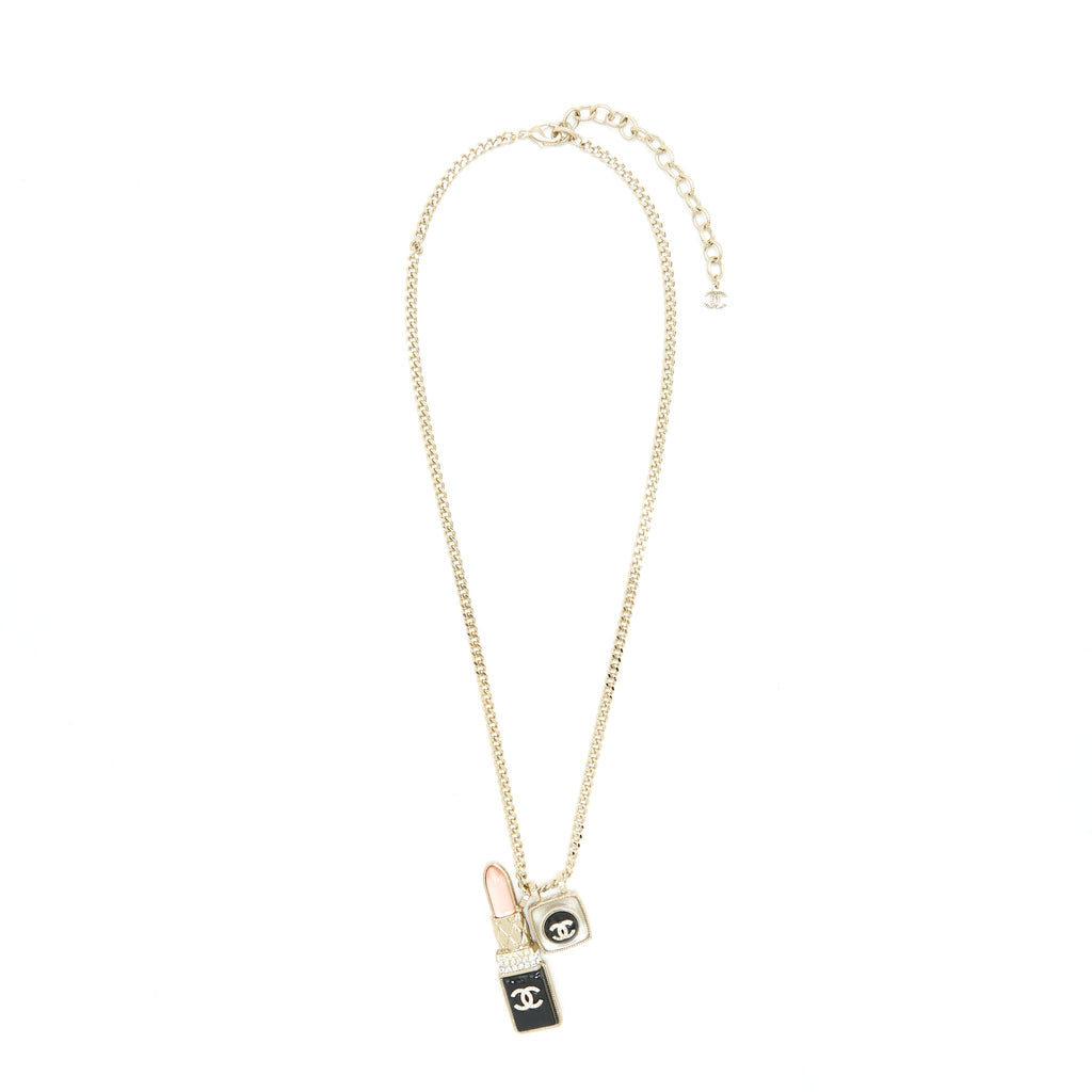 CHANEL LIPSTICK AND SQUARE CC NECKLACE LGHW