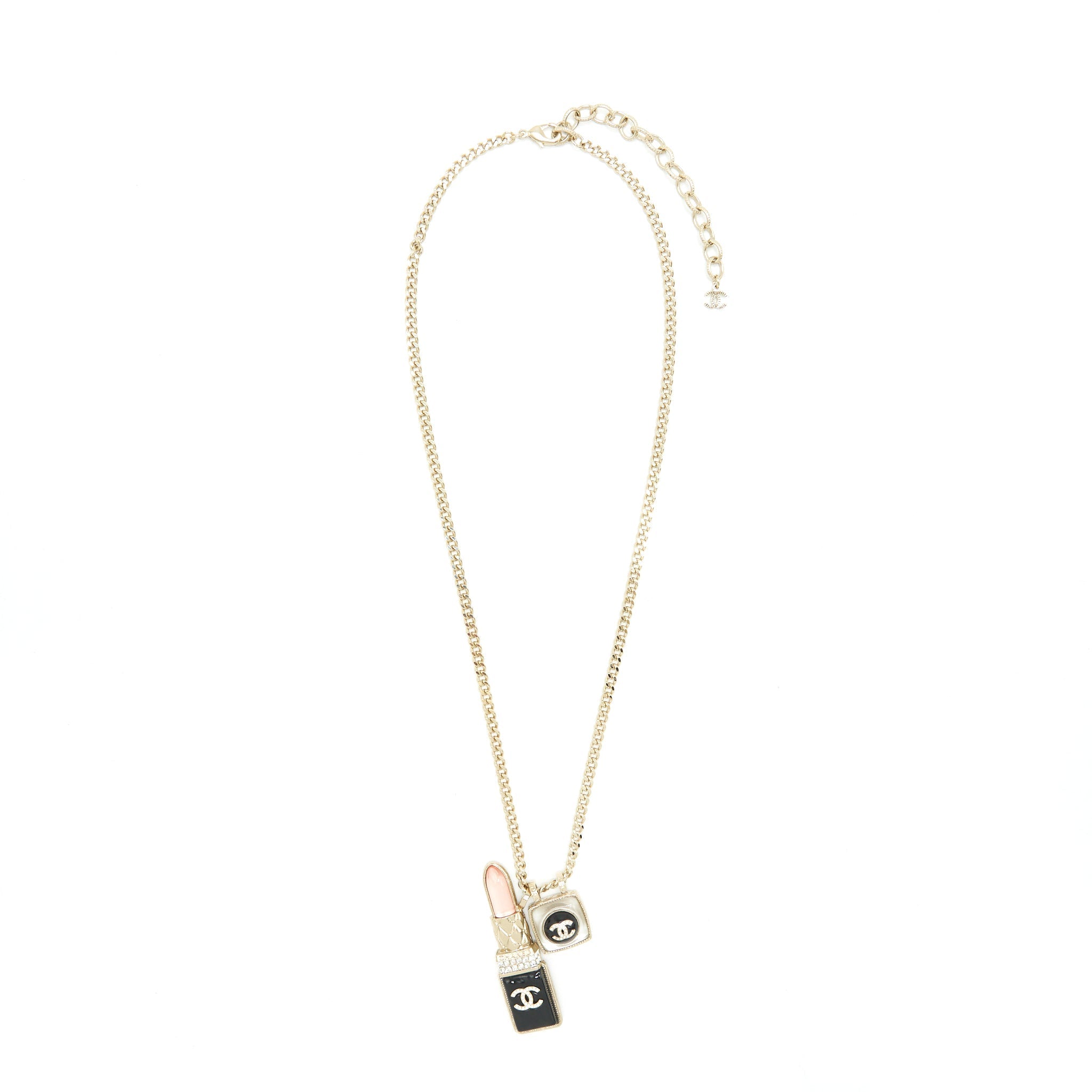 CHANEL LIPSTICK AND SQUARE CC NECKLACE LGHW