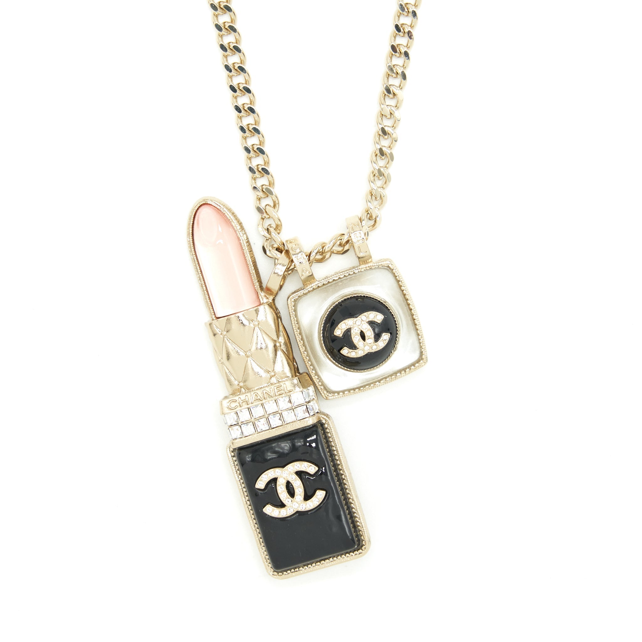 CHANEL LIPSTICK AND SQUARE CC NECKLACE LGHW