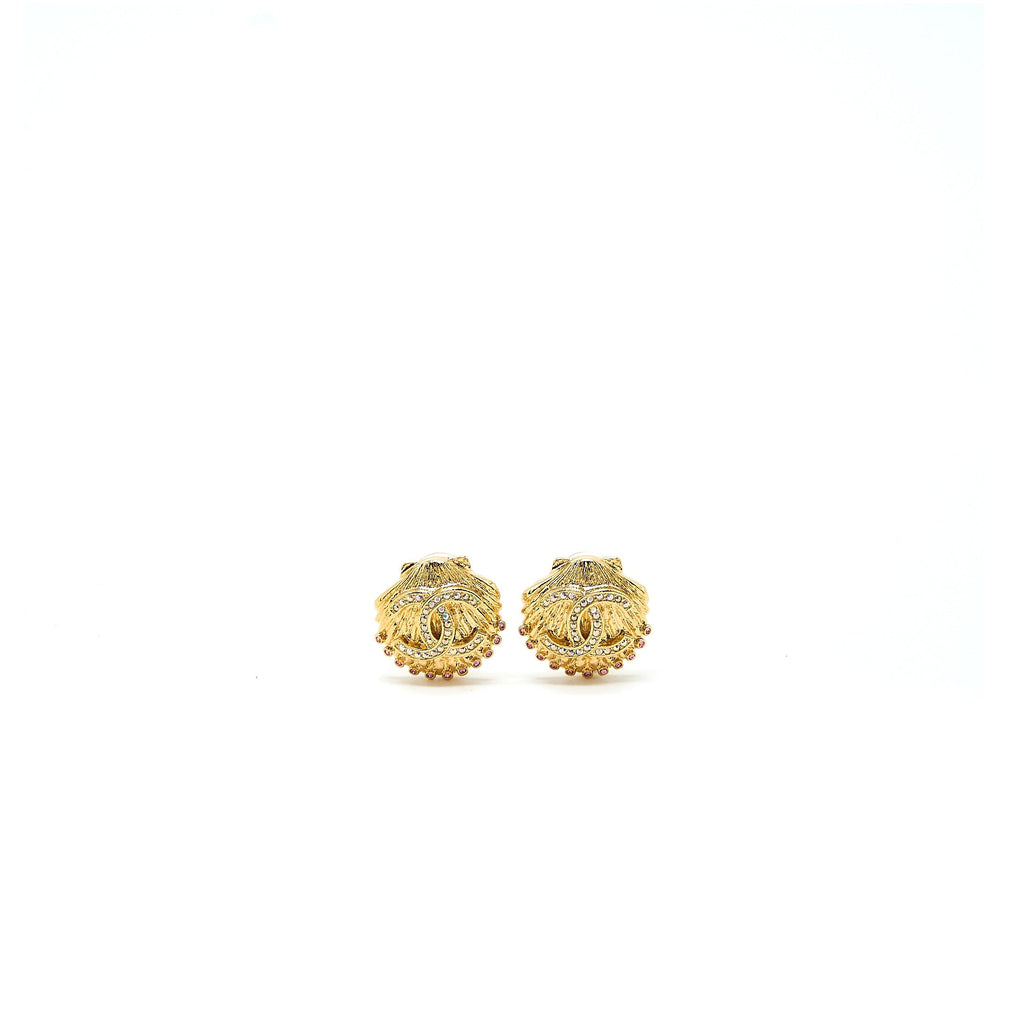 CHANEL CC LOGO/SHELL EARCLIPS MULTICOLOUR CRYSTAL GOLD TONE