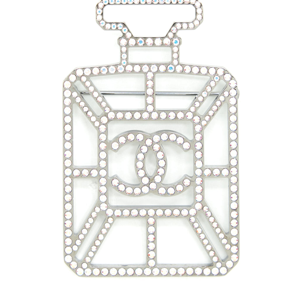 CHANEL CRYSTALS PERFUME BOTTLE CC LOGO BROOCH IRIDESCENT PINK