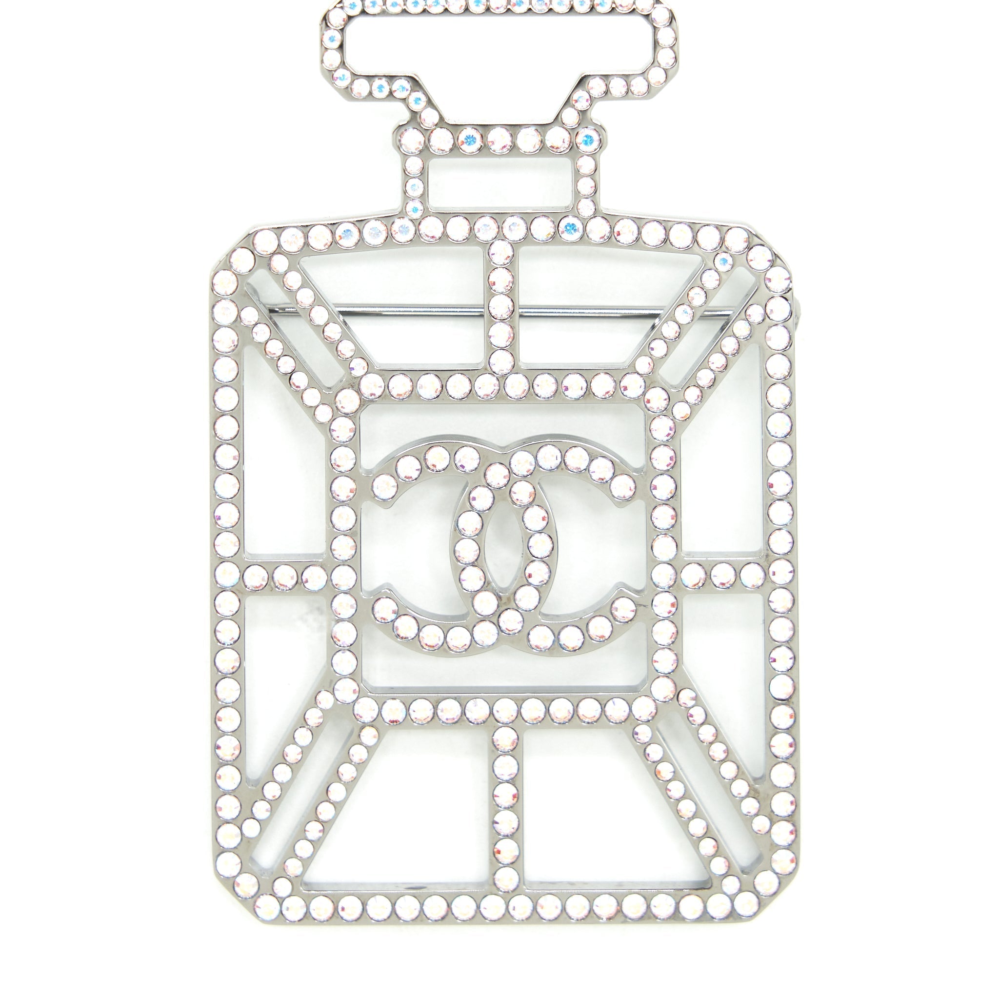 CHANEL CRYSTALS PERFUME BOTTLE CC LOGO BROOCH IRIDESCENT PINK