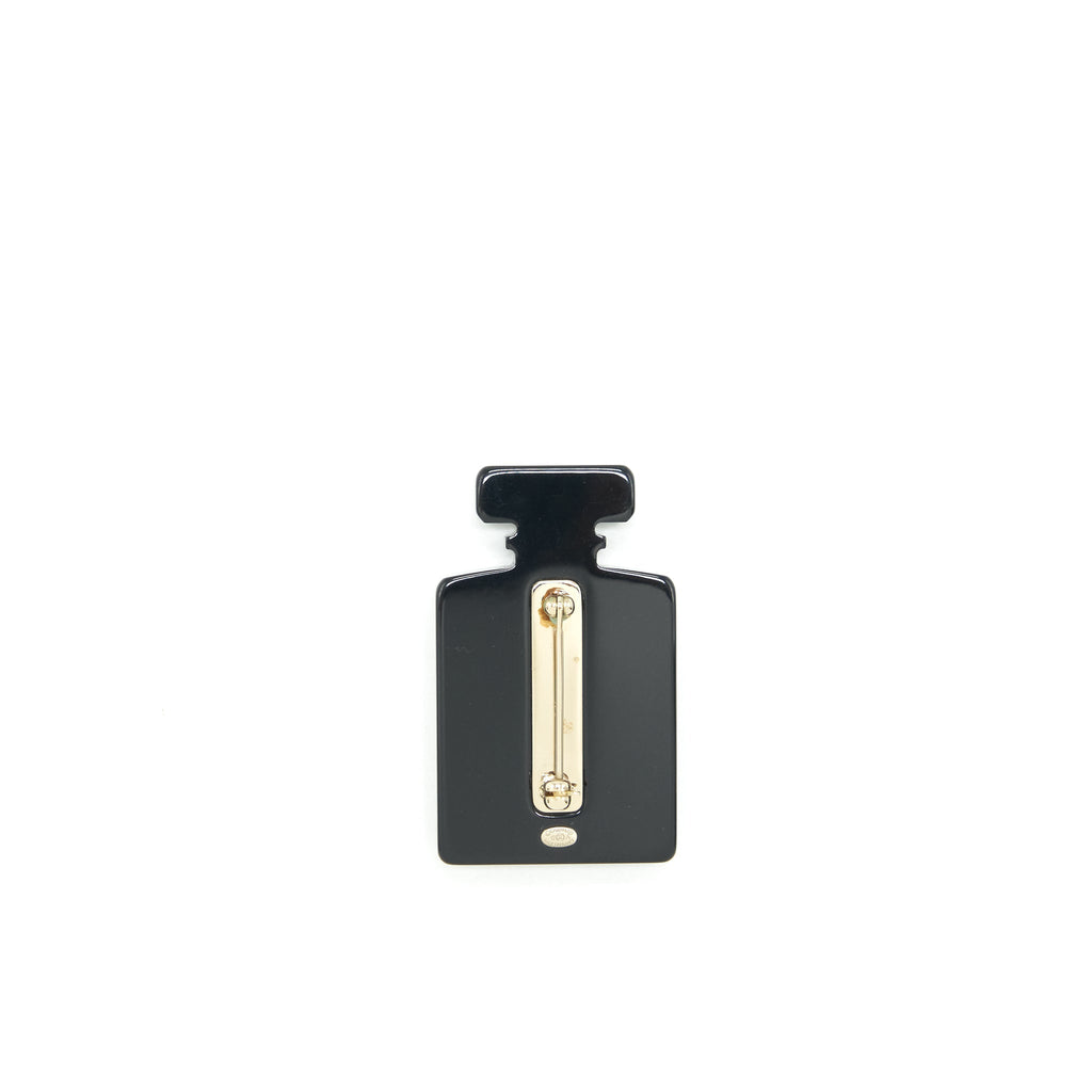 CHANEL PERFUME BOTTLE BROOCH RESIN WITH GLITTERS AND PEARLS BLACK/GOLD