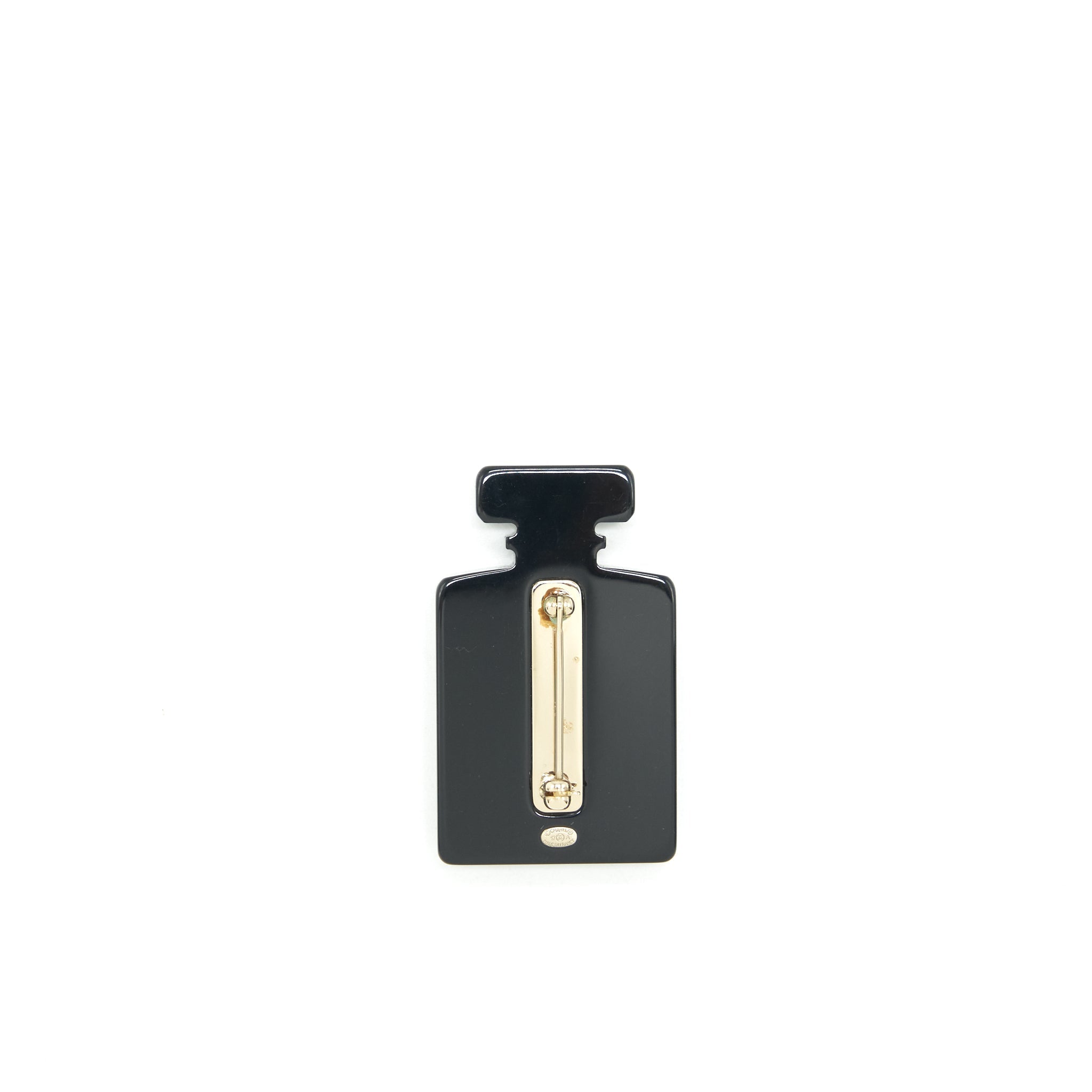 CHANEL PERFUME BOTTLE BROOCH RESIN WITH GLITTERS AND PEARLS BLACK/GOLD