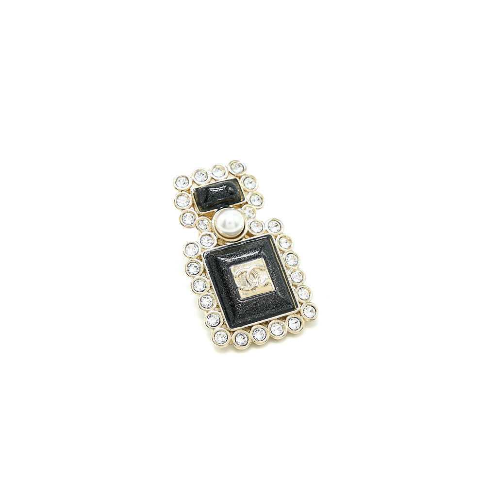 CHANEL PERFUME BOTTLE CC LOGO BROOCH CRYSTAL/PEARL BLACK LIGHT GOLD TONE