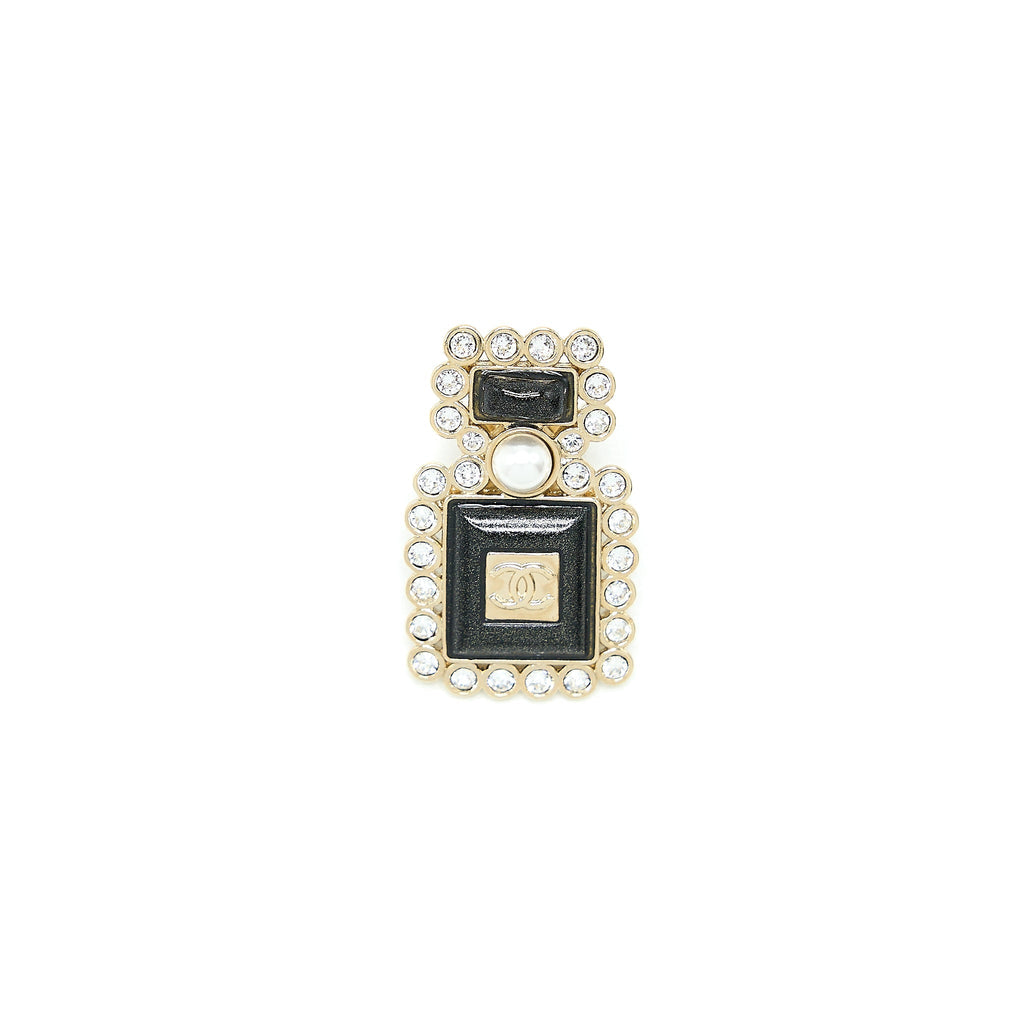 CHANEL PERFUME BOTTLE CC LOGO BROOCH CRYSTAL/PEARL BLACK LIGHT GOLD TONE