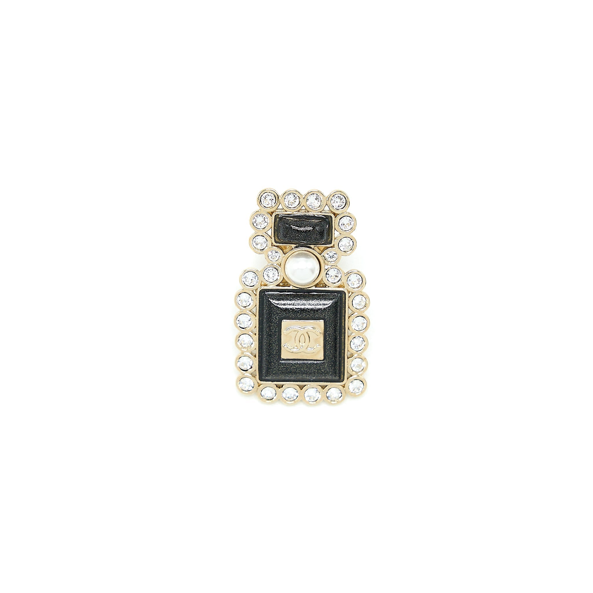 CHANEL PERFUME BOTTLE CC LOGO BROOCH CRYSTAL/PEARL BLACK LIGHT GOLD TONE