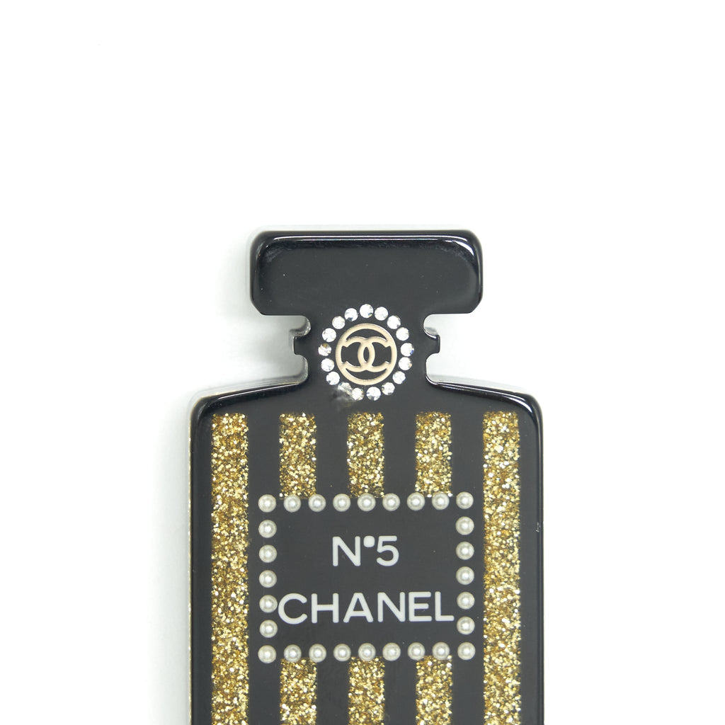 CHANEL PERFUME BOTTLE BROOCH RESIN WITH GLITTERS AND PEARLS BLACK/GOLD