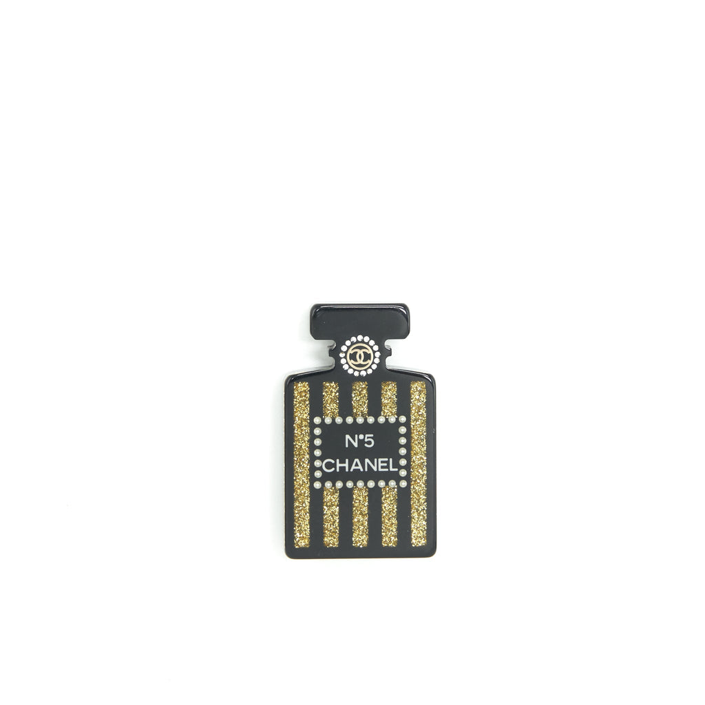 CHANEL PERFUME BOTTLE BROOCH RESIN WITH GLITTERS AND PEARLS BLACK/GOLD