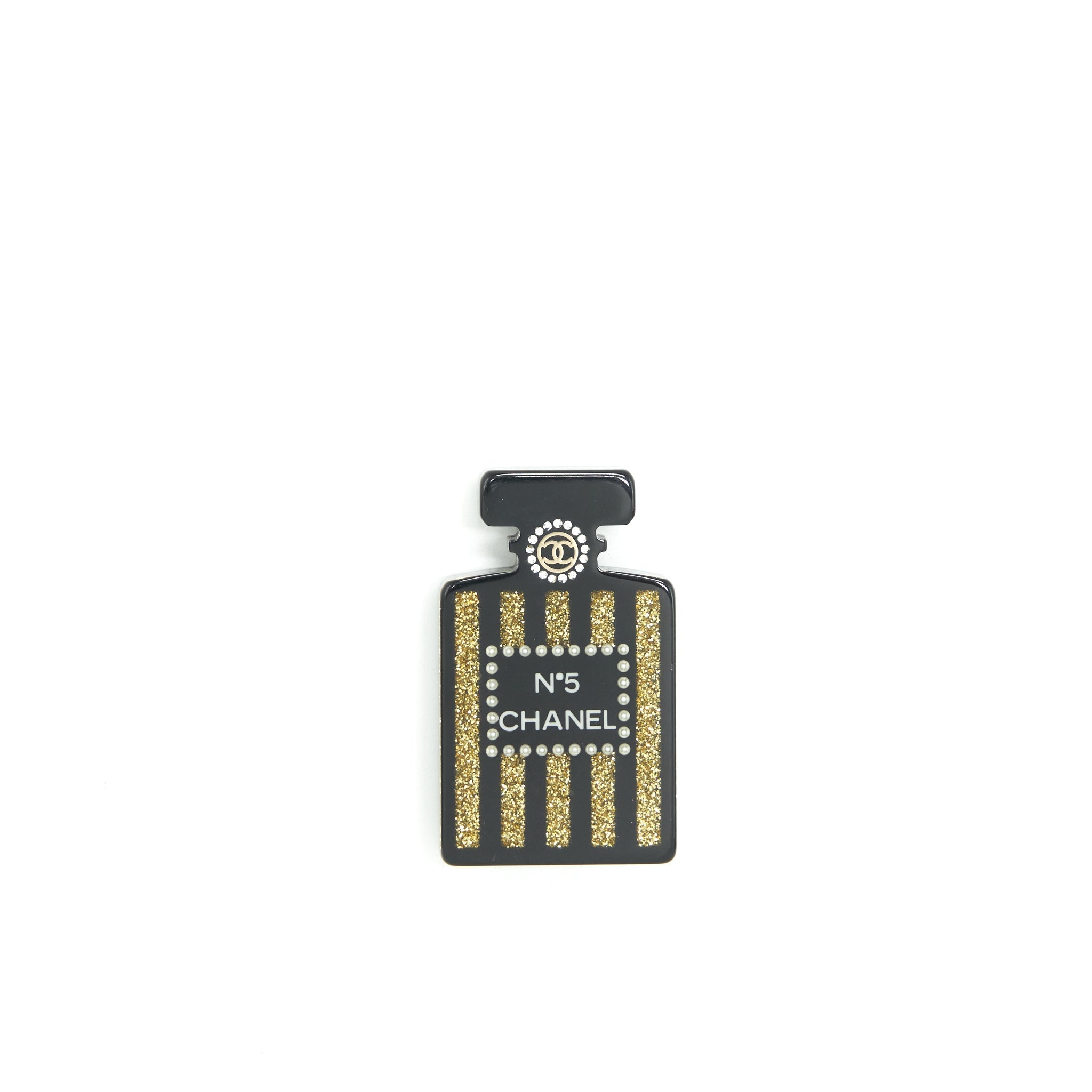 CHANEL PERFUME BOTTLE BROOCH RESIN WITH GLITTERS AND PEARLS BLACK/GOLD