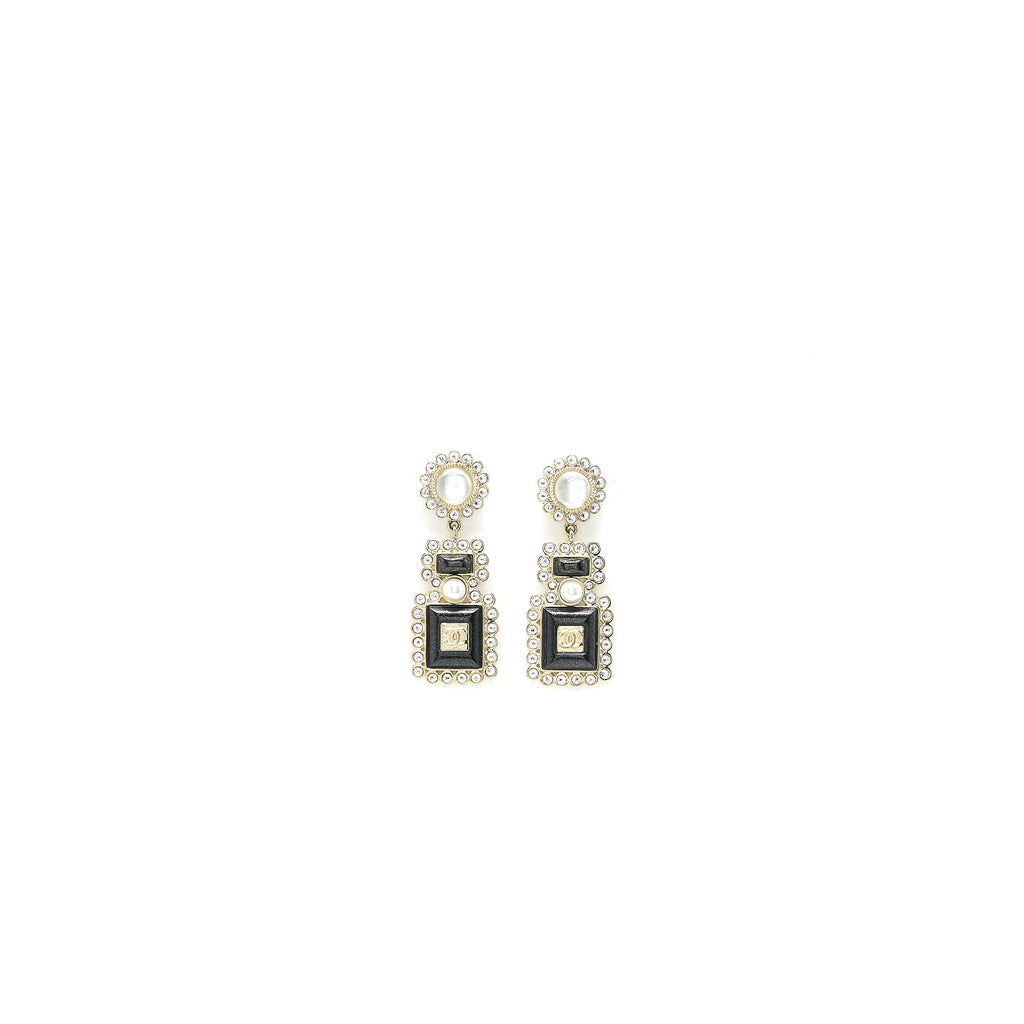 CHANEL PERFUME BOTTLE CC LOGO EARRINGS CRYSTAL/PEARL BLACK LIGHT GOLD TONE