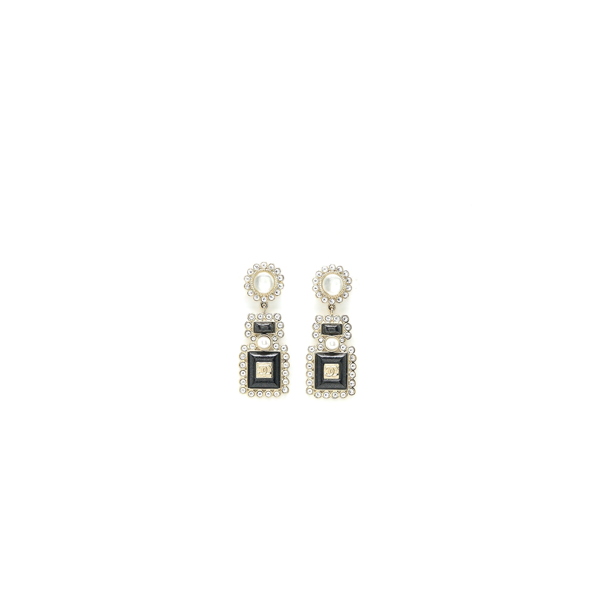 CHANEL PERFUME BOTTLE CC LOGO EARRINGS CRYSTAL/PEARL BLACK LIGHT GOLD TONE
