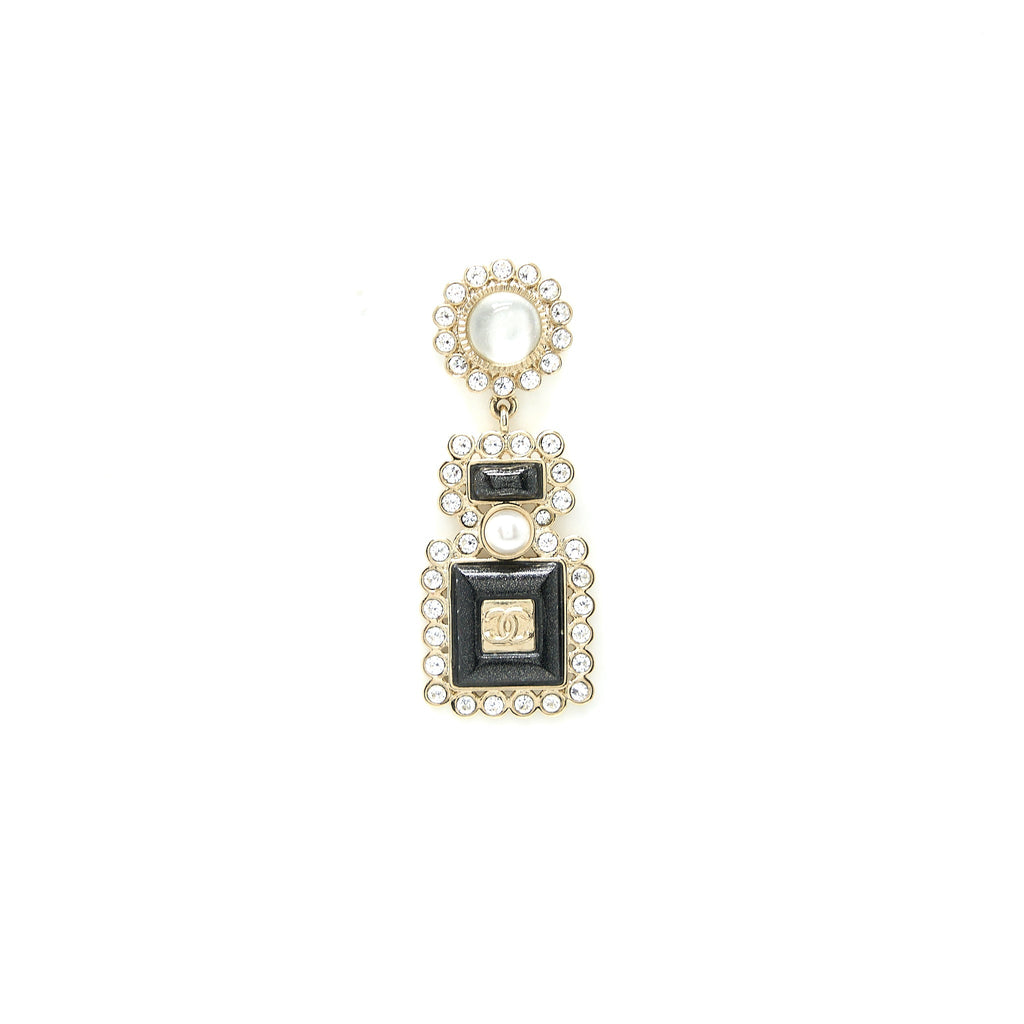 CHANEL PERFUME BOTTLE CC LOGO EARRINGS CRYSTAL/PEARL BLACK LIGHT GOLD TONE