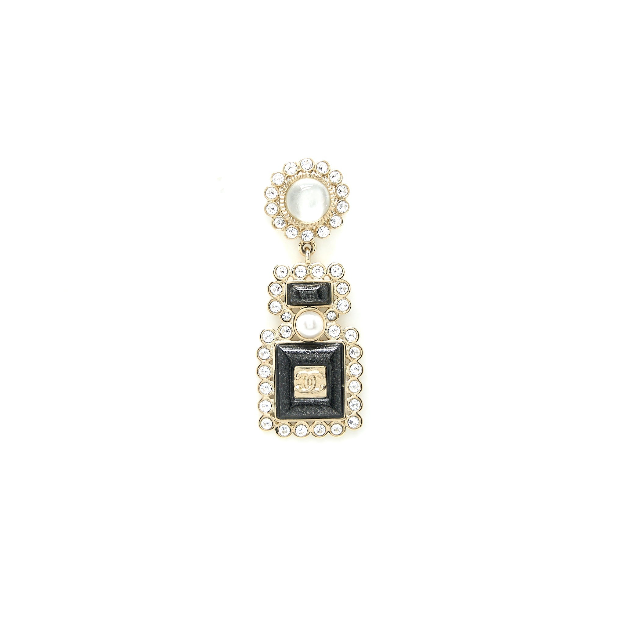 CHANEL PERFUME BOTTLE CC LOGO EARRINGS CRYSTAL/PEARL BLACK LIGHT GOLD TONE