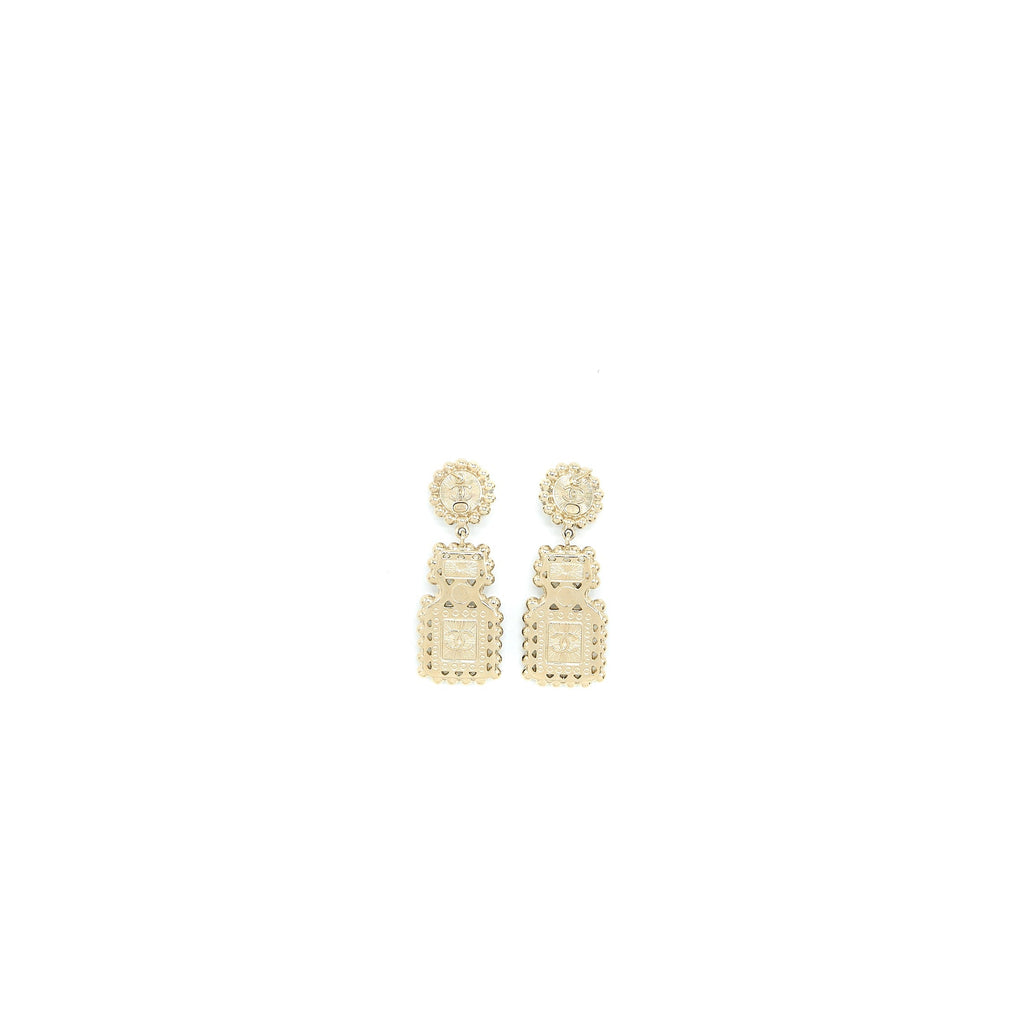 CHANEL PERFUME BOTTLE CC LOGO EARRINGS CRYSTAL/PEARL BLACK LIGHT GOLD TONE