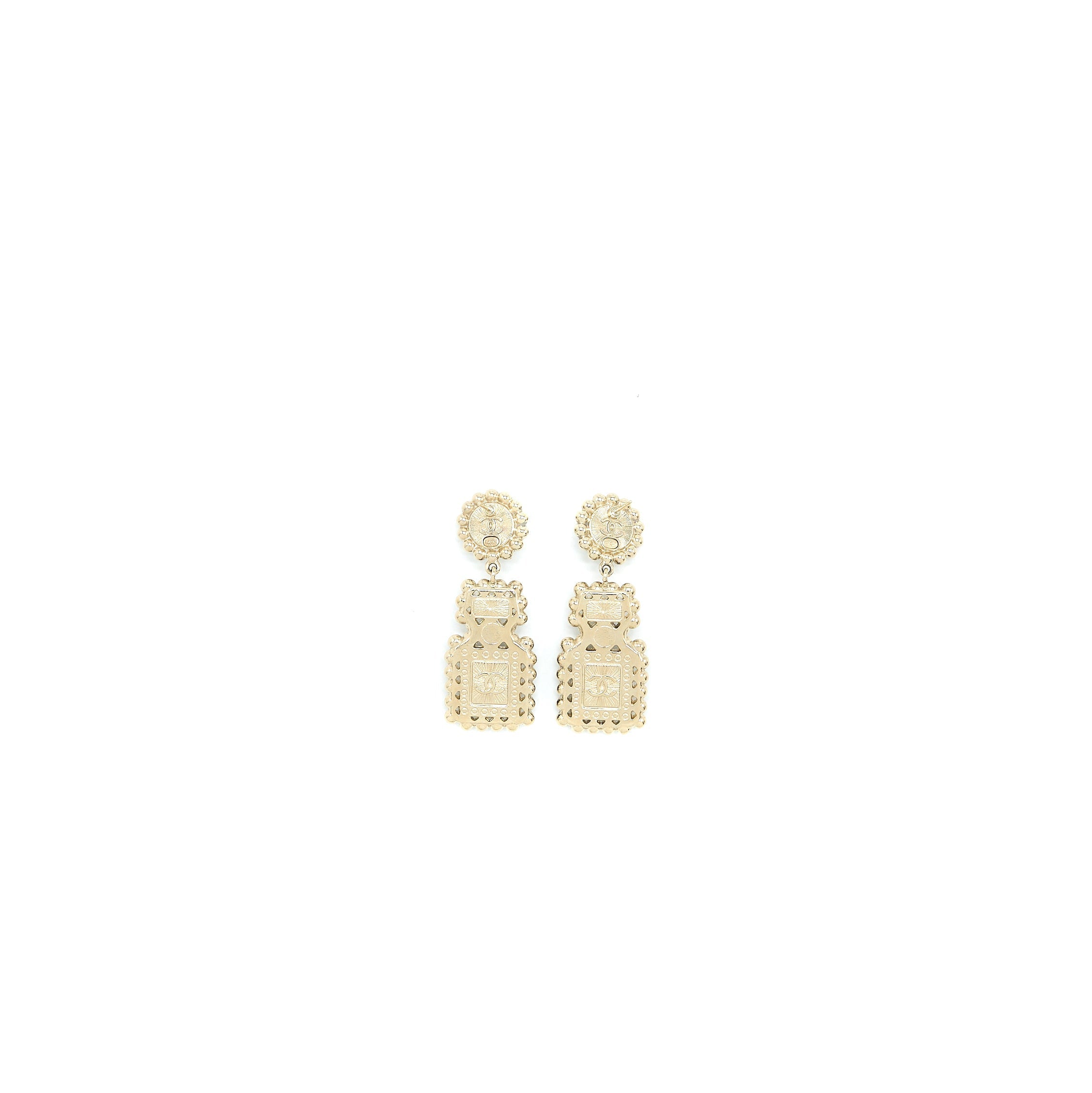 CHANEL PERFUME BOTTLE CC LOGO EARRINGS CRYSTAL/PEARL BLACK LIGHT GOLD TONE