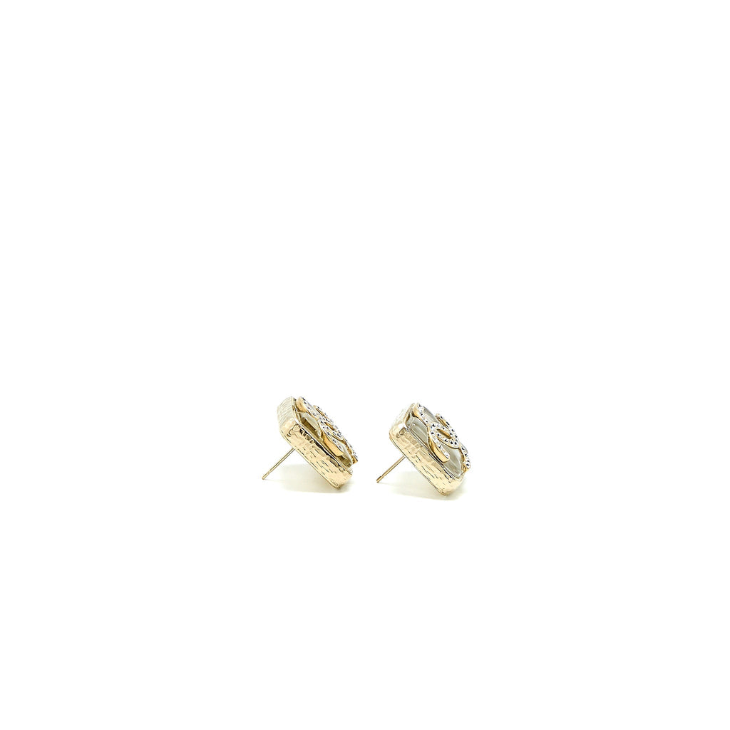 CHANEL SQUARE AND CC LOGO EARRINGS LIGHT GOLD TONE
