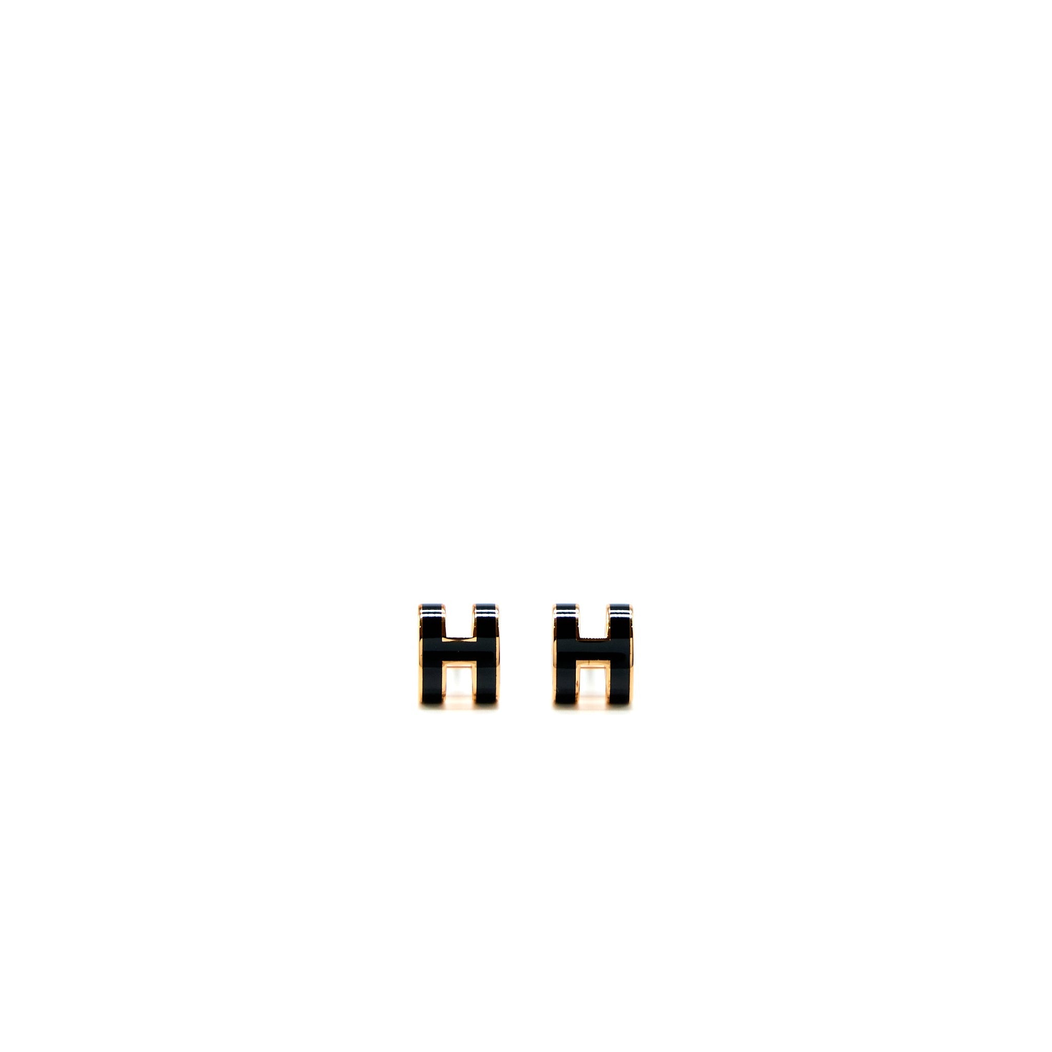 HERMES MINI POP H EARRINGS BLACK GOLD TONE