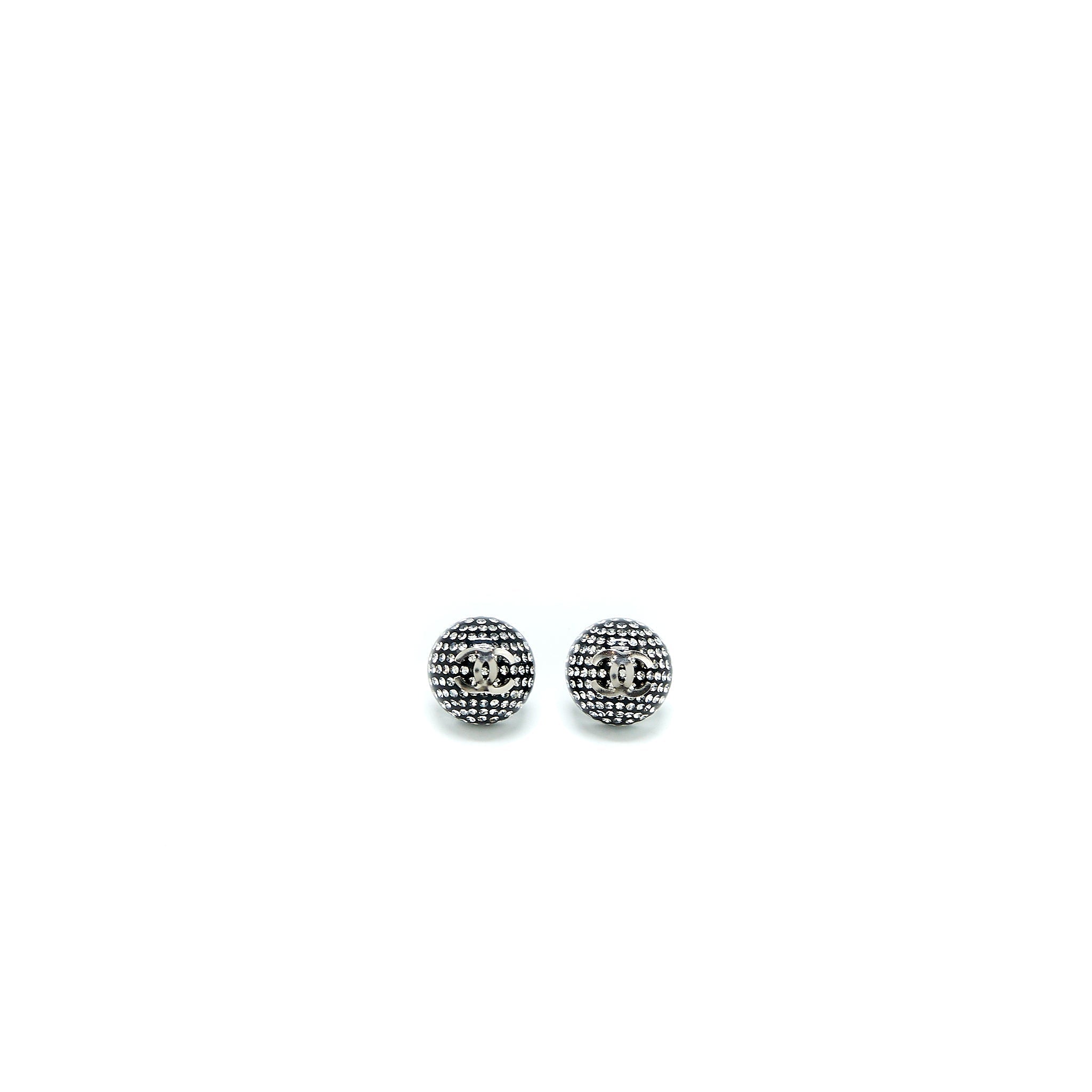 CHANEL ROUND CC CRYSTAL EARRINGS BLACK/ SILVER