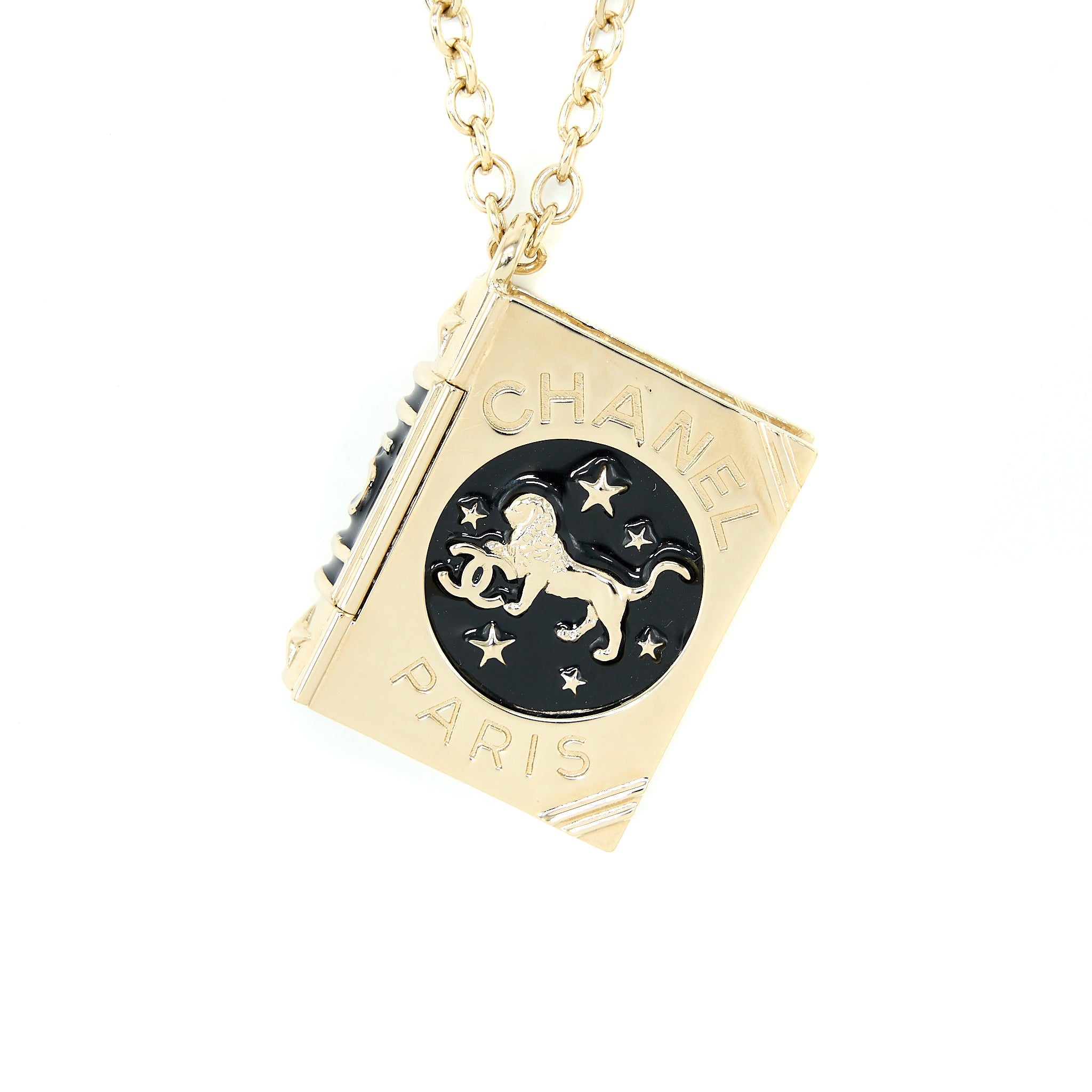 CHANEL 22C BOOK LOCKET LONG NECKLACE LIGHT GOLD TONE