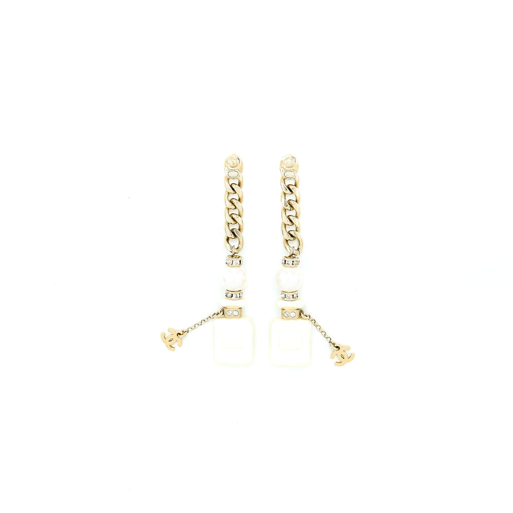 CHANEL NO.5 PERFUME BOTTLE PEARL DROP EARRINGS LIGHT GOLD TONE